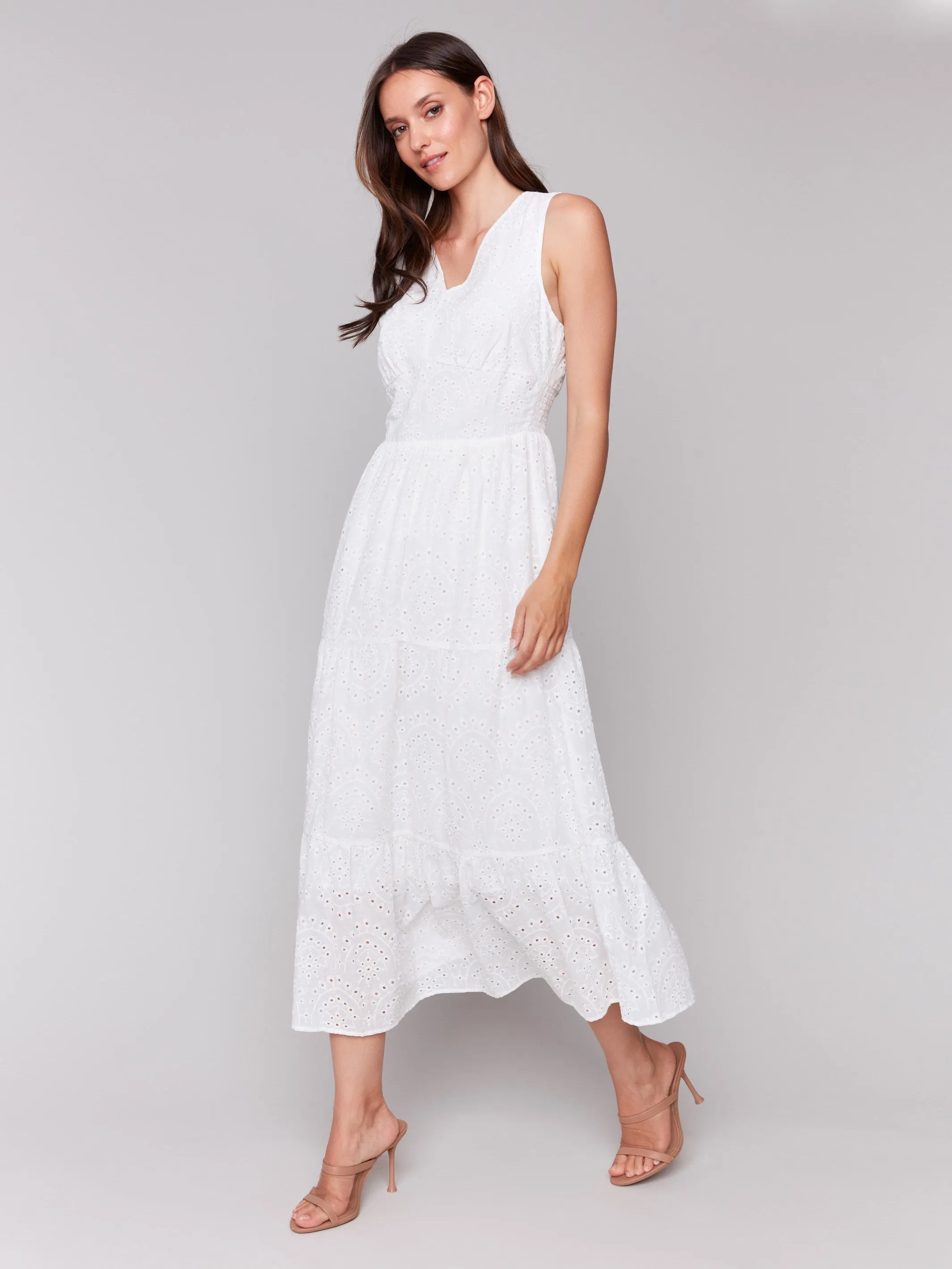 Long Sleeveless Cotton Eyelet Dress - White Modern and Stylish