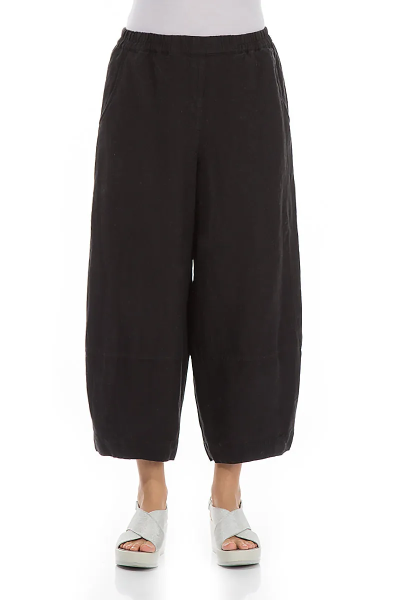 Stylish Cut Loose Black Pure Linen Trousers