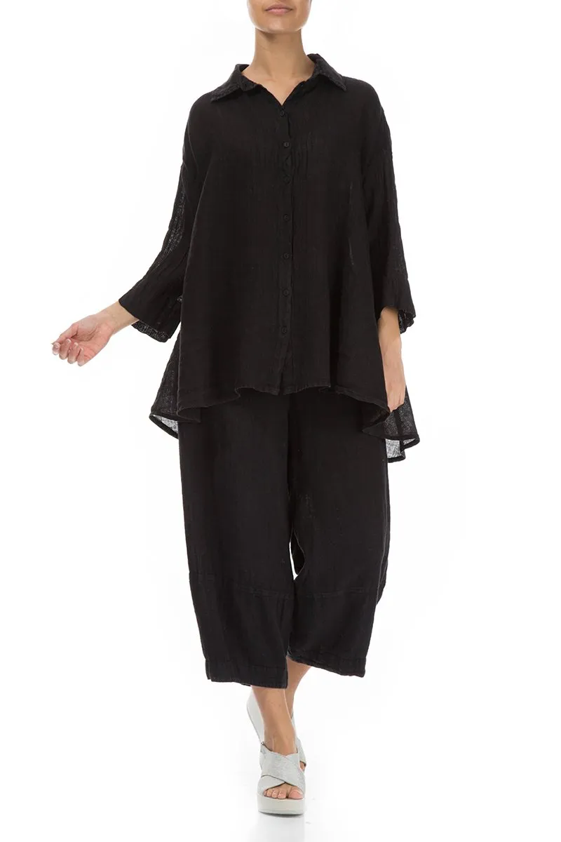 Loose Black Pure Linen Trousers Comfortable Style Basic Style