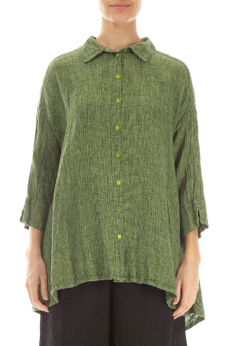 Loose Lime M??lange Linen Shirt Casual Comfort Ribbed Trim