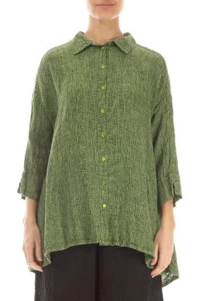 Loose Lime M??lange Linen Shirt Casual Comfort Ribbed Trim