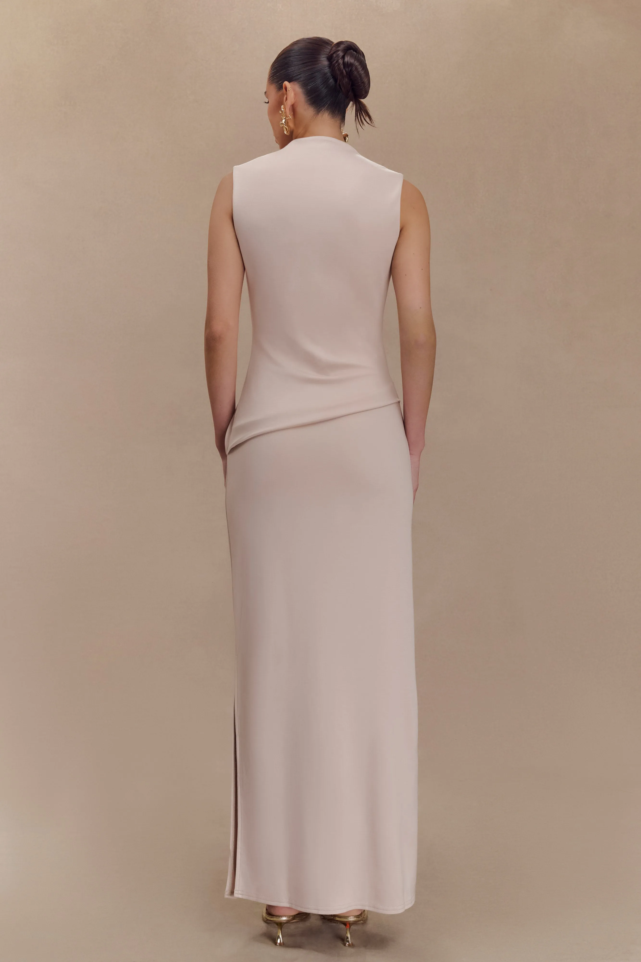 Lorelei Crepe Twist Midi Dress - Taupe Charming Comfort Slit-Hem