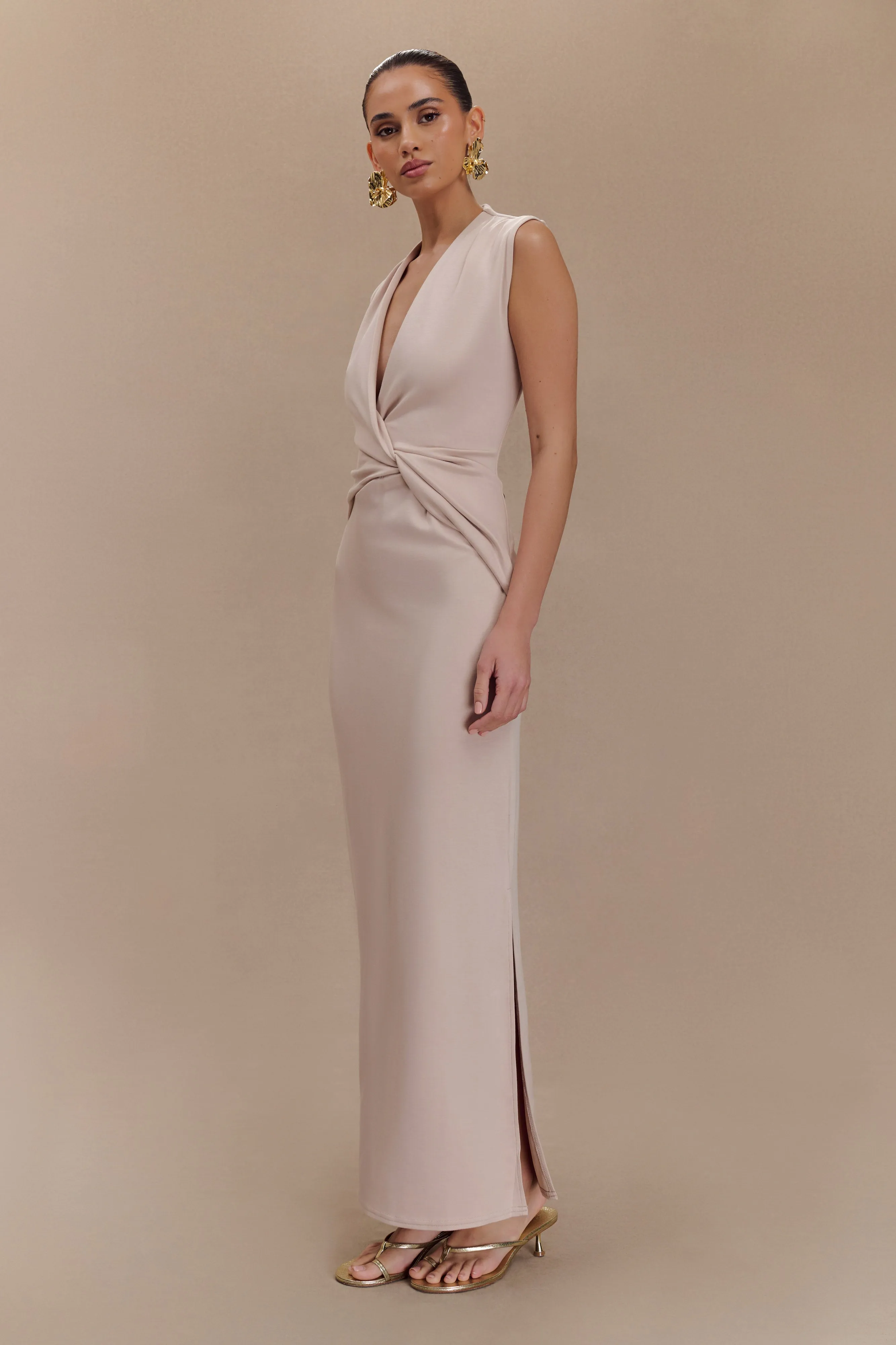 Lorelei Crepe Twist Midi Dress - Taupe Vibrant Hue