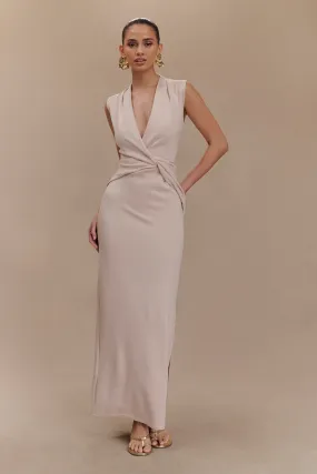 Shared Moment Flattering Shape Look Lorelei Crepe Twist Midi Dress - Taupe