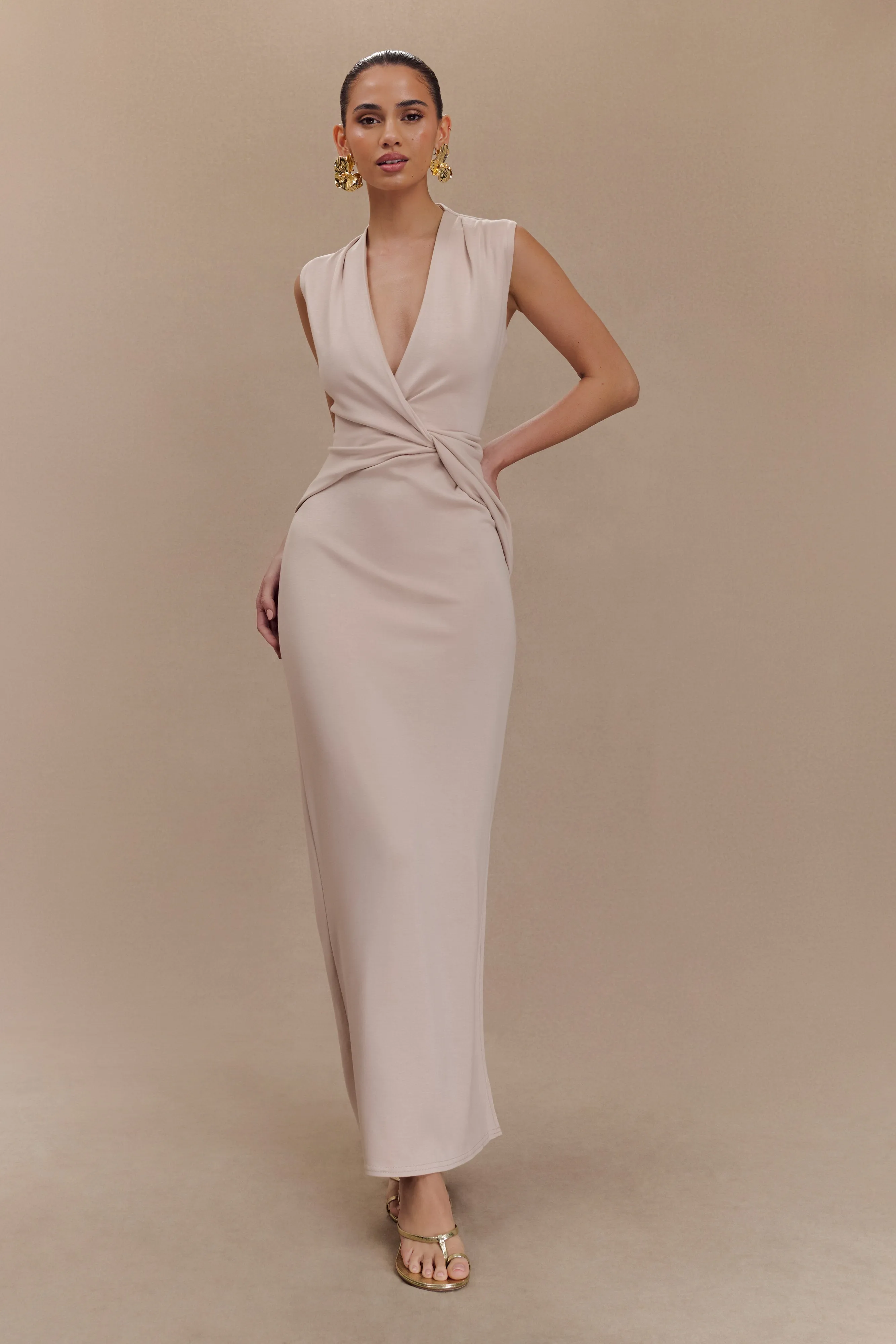 Lorelei Crepe Twist Midi Dress - Taupe Lounge Moment Vacation Vibe