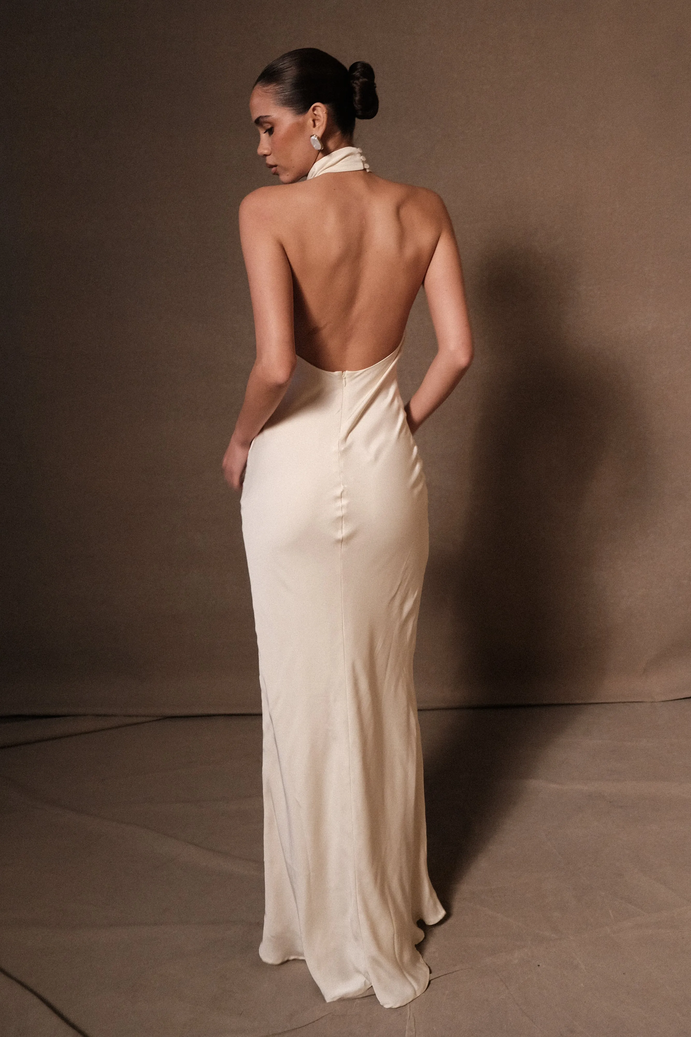 Soft and Relaxed Belladonna Satin Halter Maxi Dress - Ivory