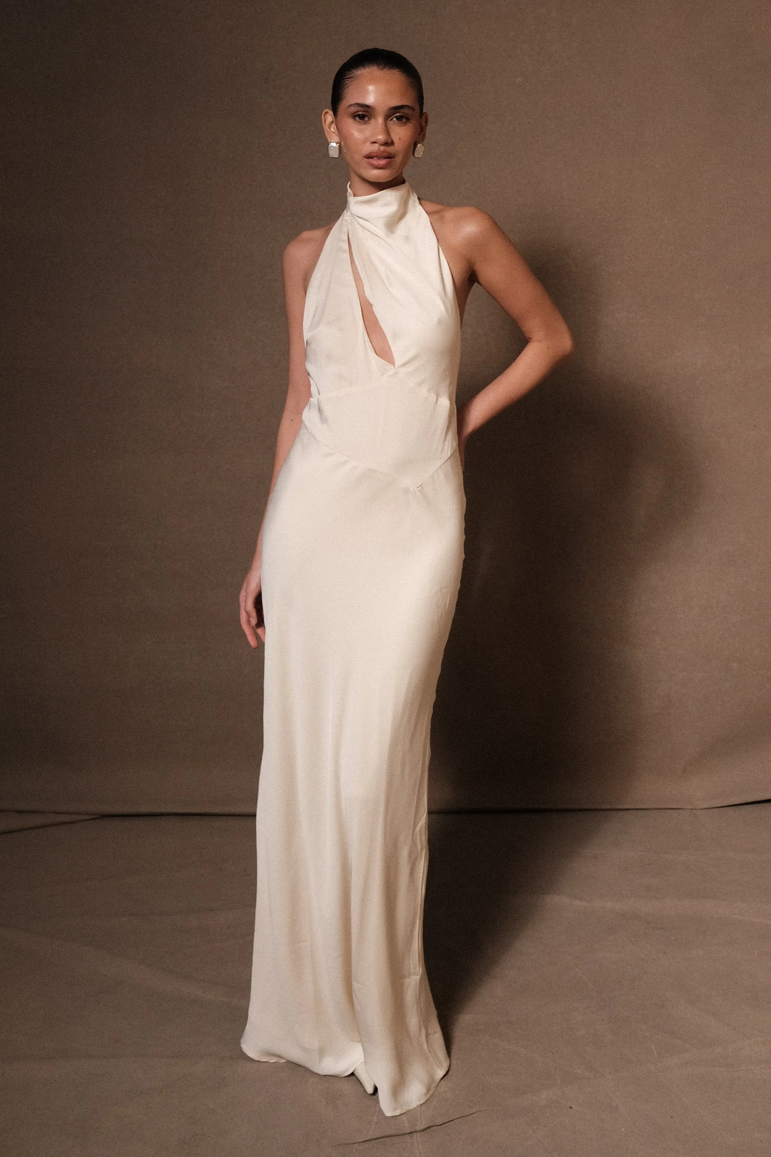 Belladonna Satin Halter Maxi Dress - Ivory Light Fabric