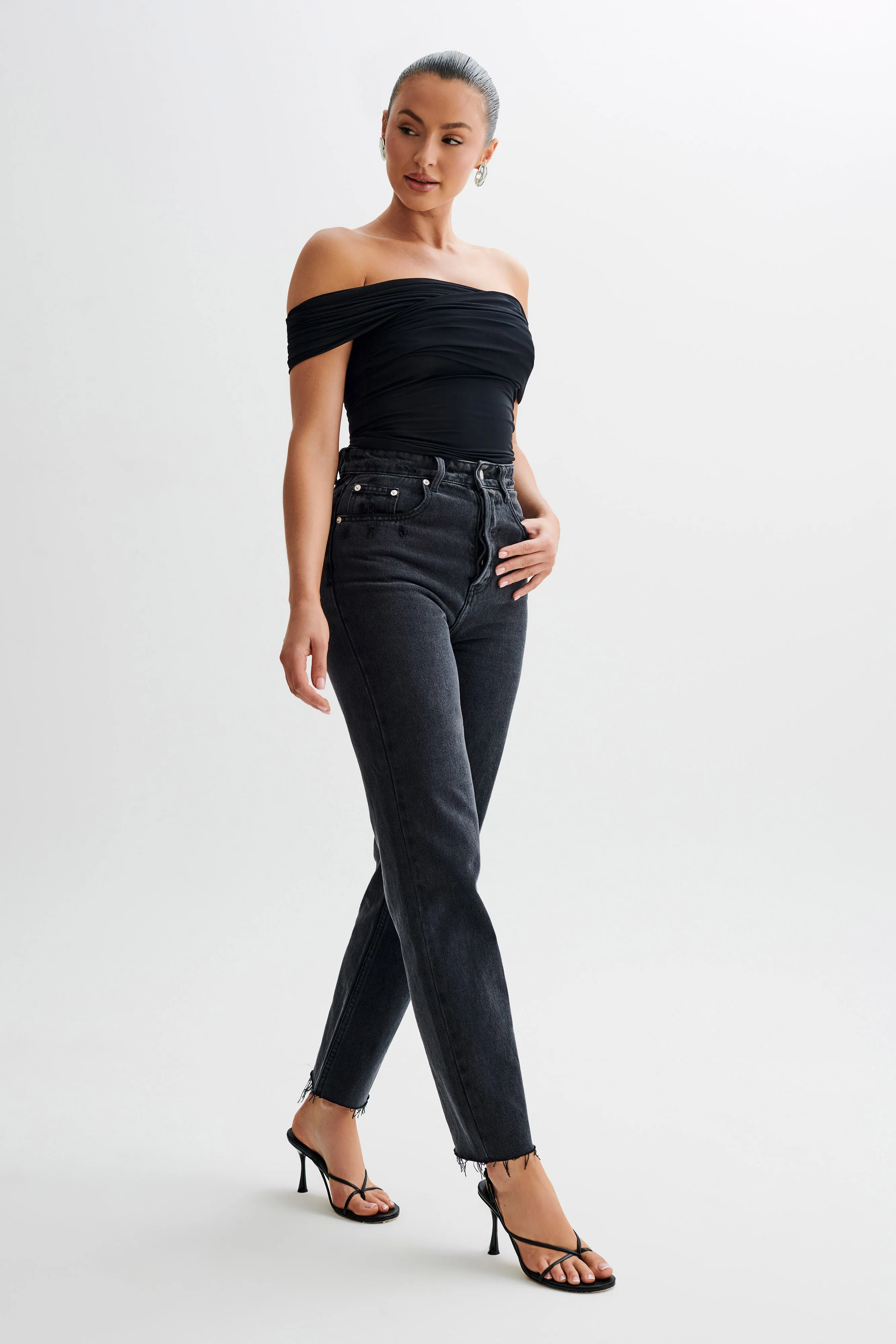 Lourdes Slinky Off Shoulder Top - Black Moisture Wicking Material Reflective Safety Trim