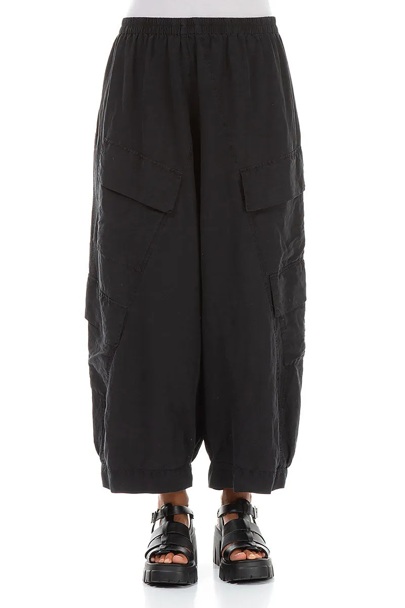 Essential Layer Side Pockets Wide Black Silk Linen Trousers