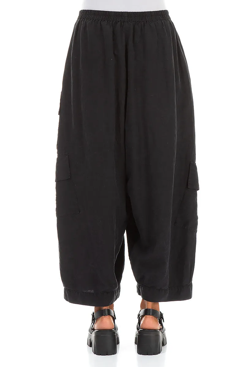 Side Pockets Wide Black Silk Linen Trousers Comfortable Fit Wear