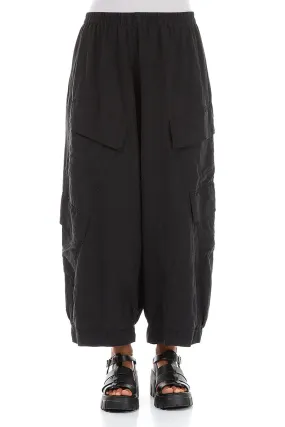 Essential Layer Side Pockets Wide Black Silk Linen Trousers