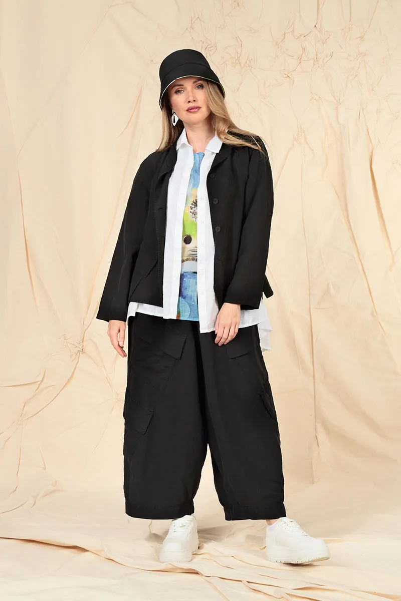 Low Profile Design Quick Access Zippers Side Pockets Wide Black Silk Linen Trousers