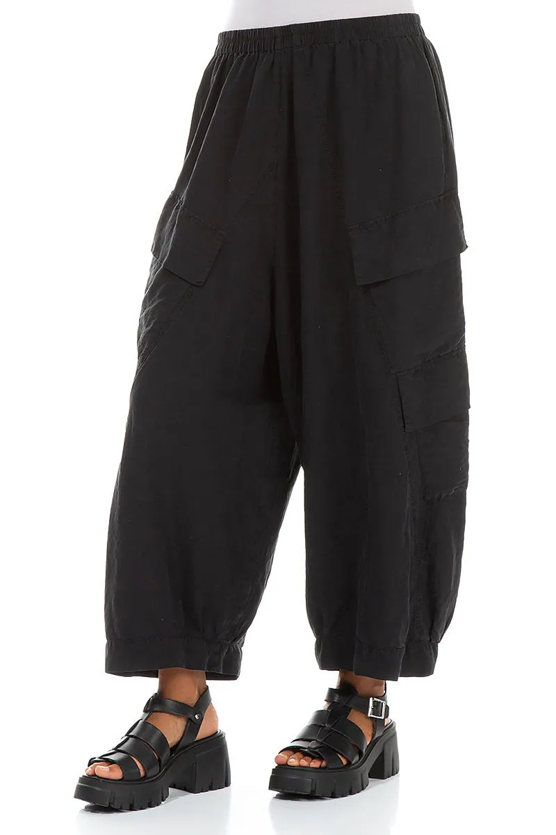 Side Pockets Wide Black Silk Linen Trousers Reflective accents Work Essential