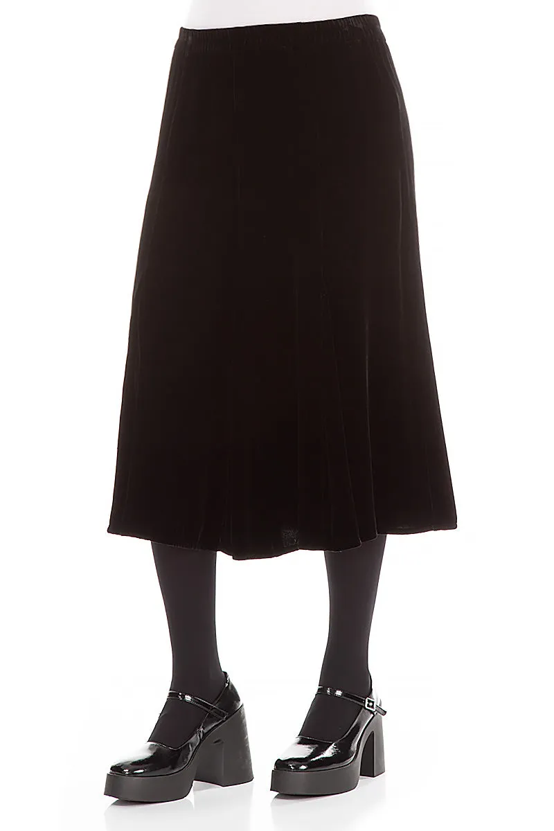 Sleek Detail Midi Black Silk Velvet Skirt