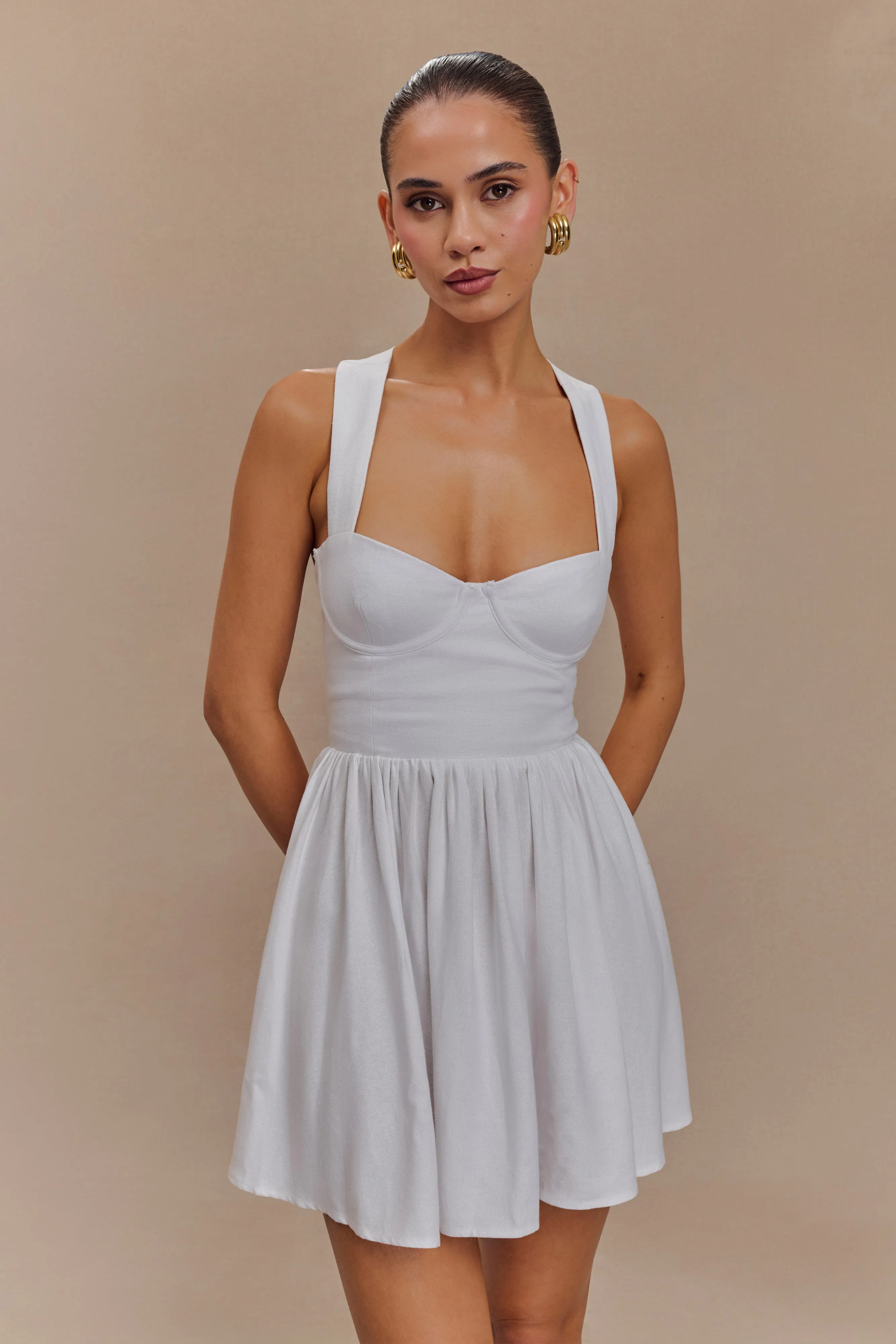 Loz Tie Back Linen Mini Dress - White Color Soft