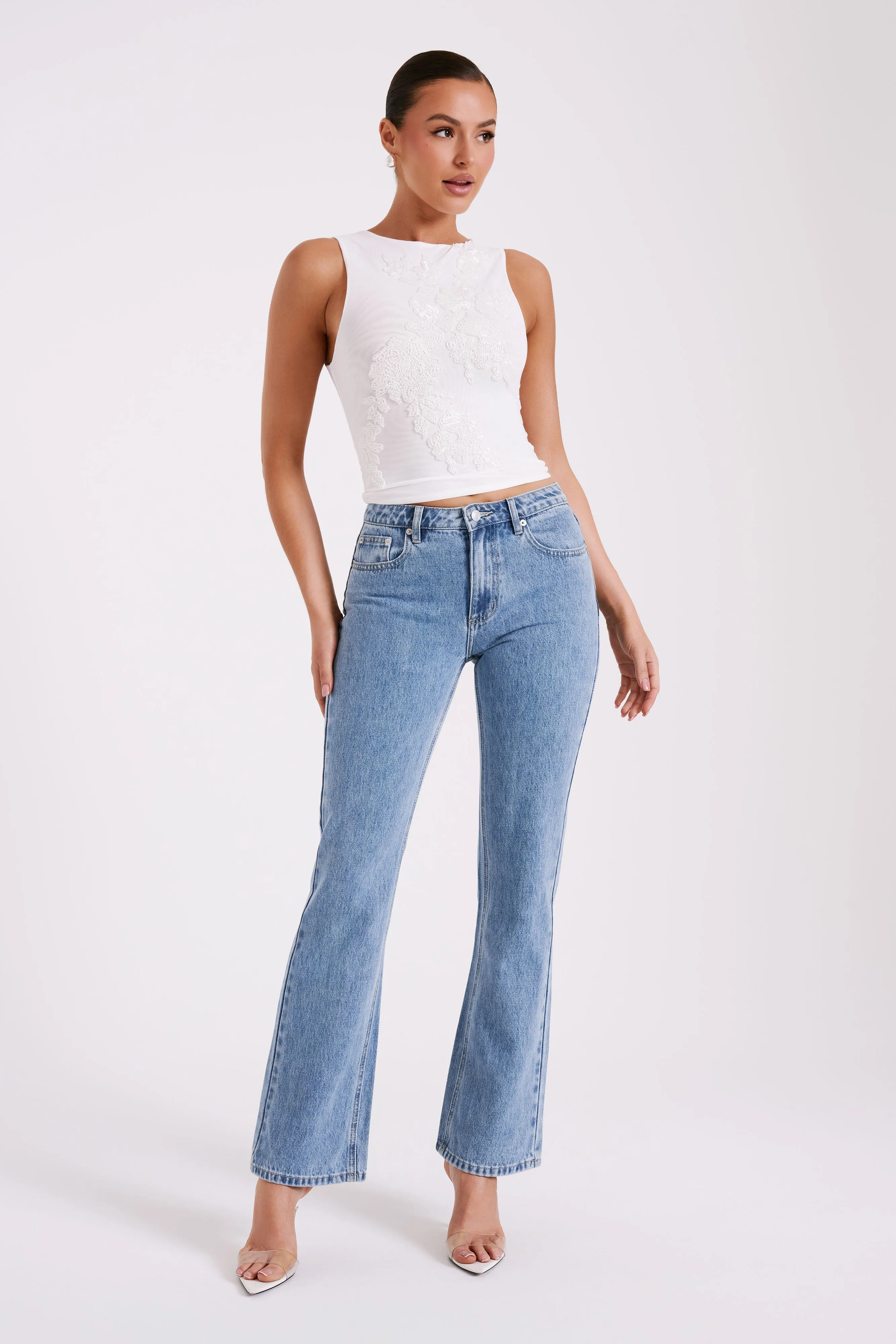 StretchComfortDesign Luci Beaded Flower Mesh Top - White