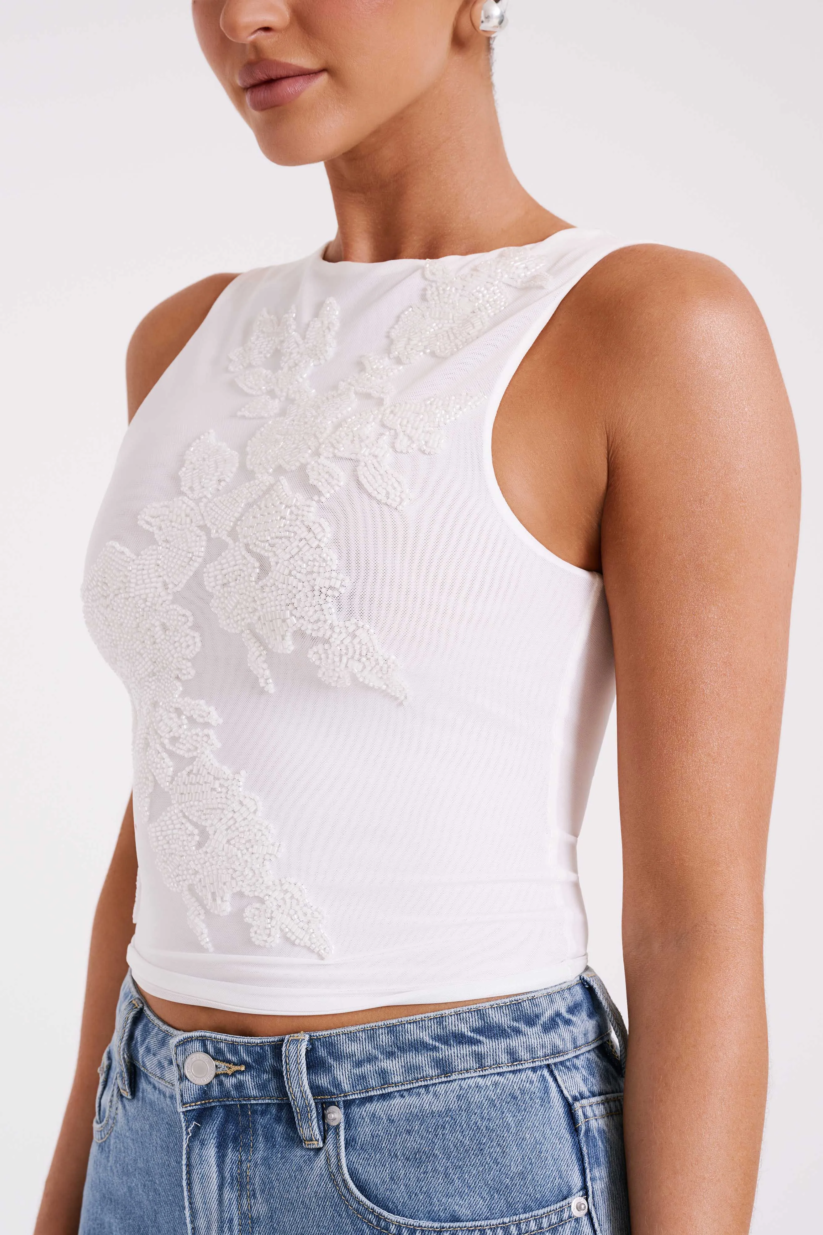 AbrasionResistantFabric Luci Beaded Flower Mesh Top - White