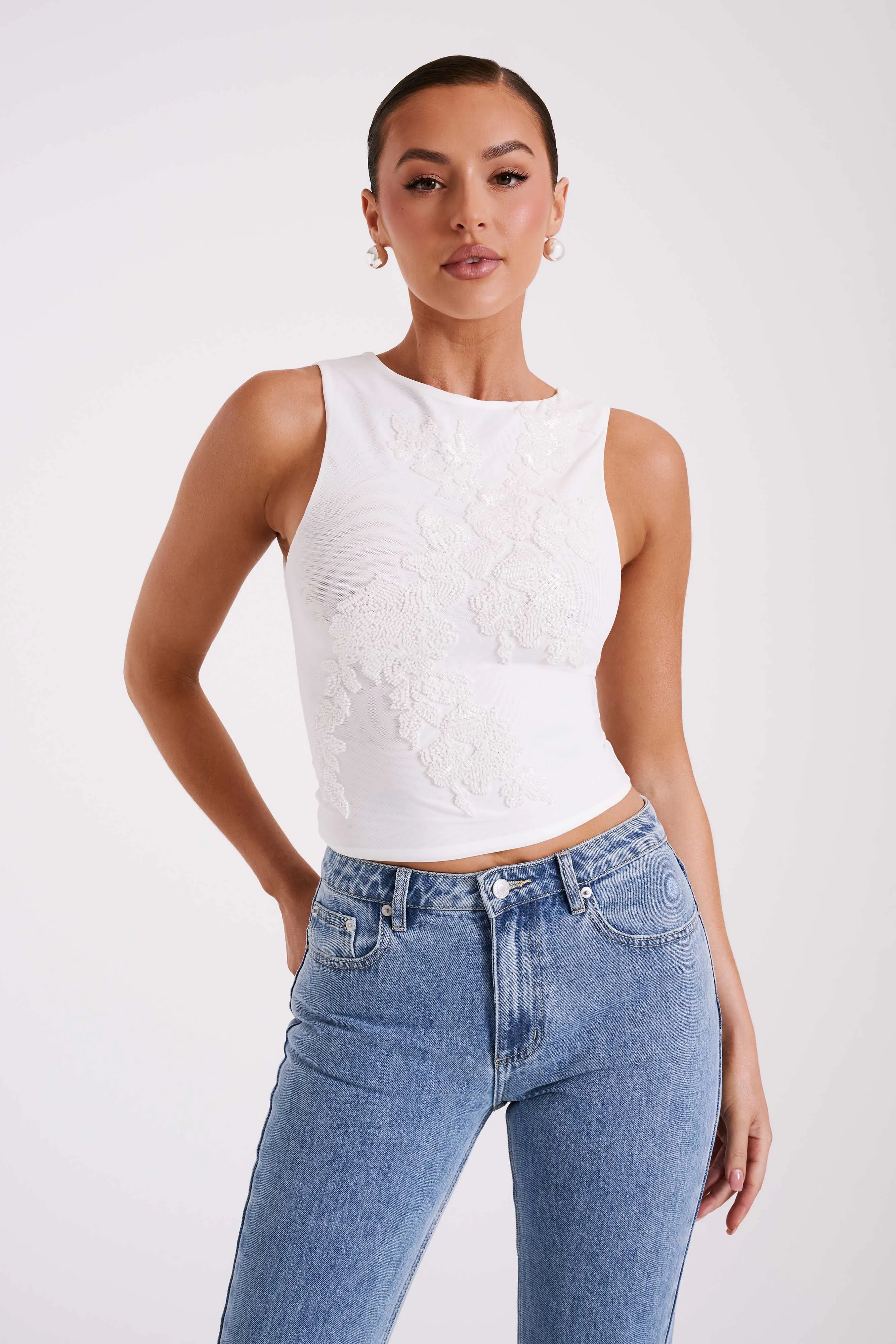 QuickDry Adaptive Fit Technology Luci Beaded Flower Mesh Top - White