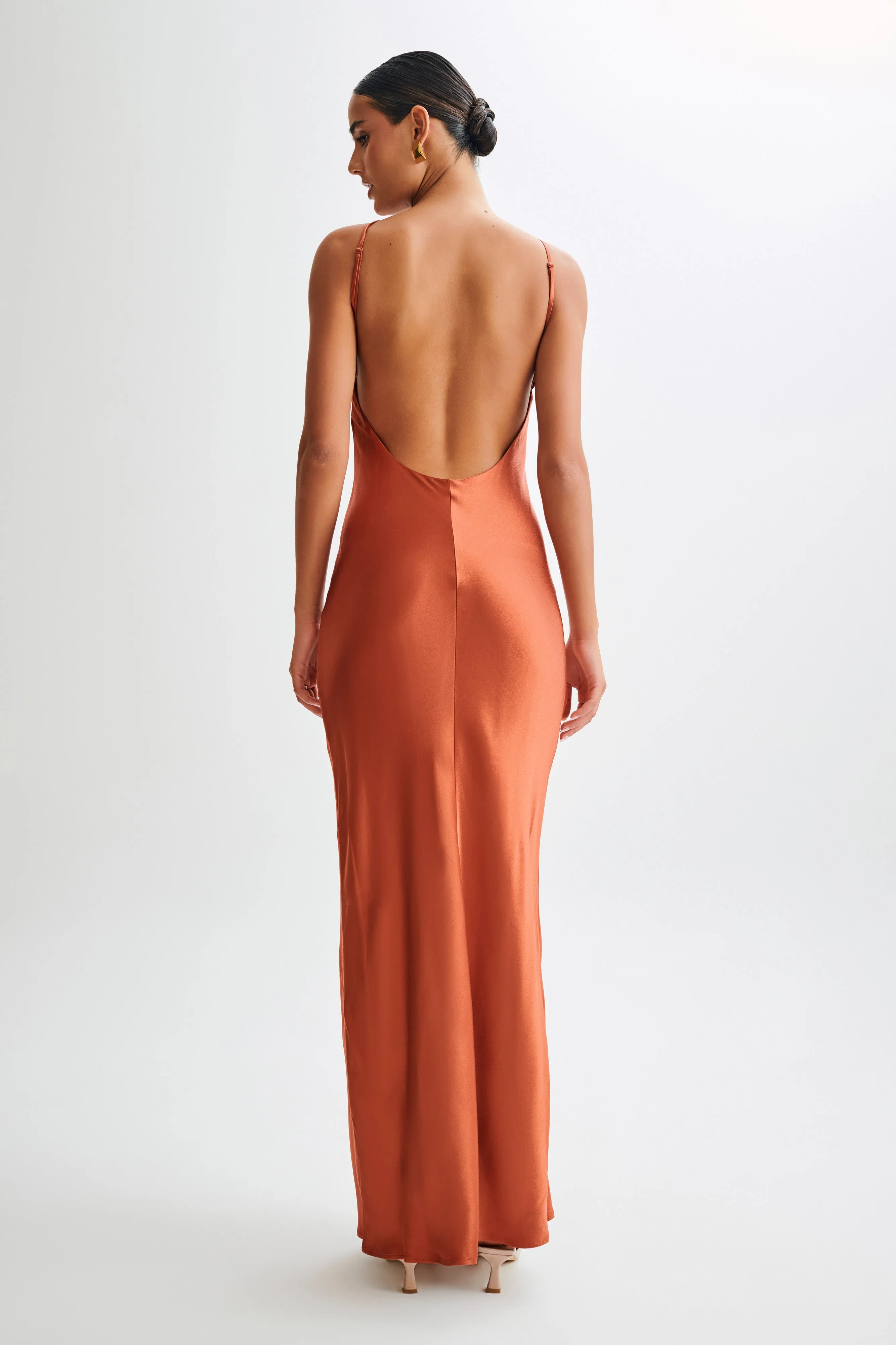 Lucia Satin Cut Out Maxi Dress - Burnt Orange Elegant Outline Festive Mood