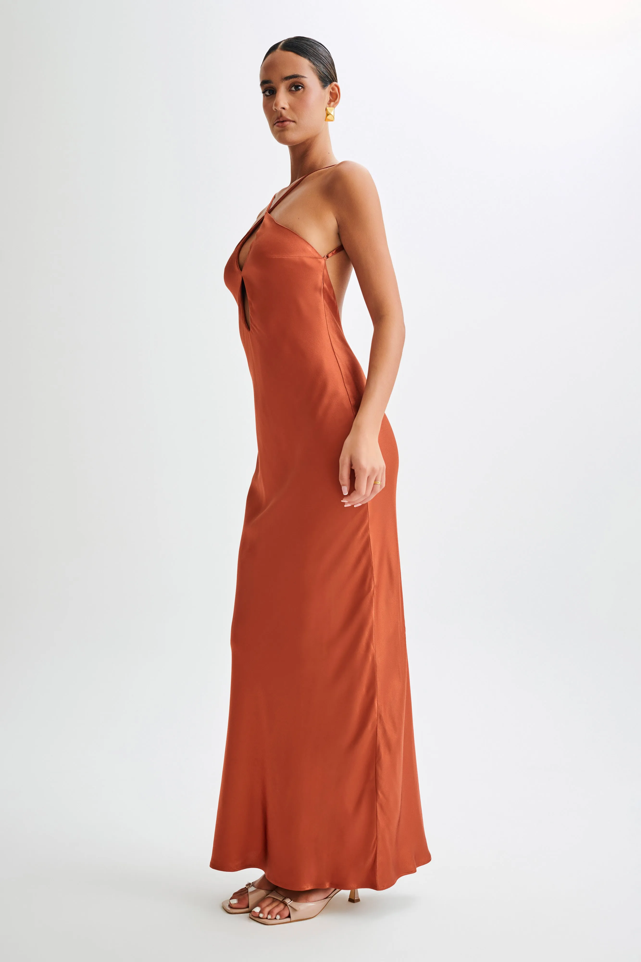Lucia Satin Cut Out Maxi Dress - Burnt Orange Balanced Lines Matte-finish