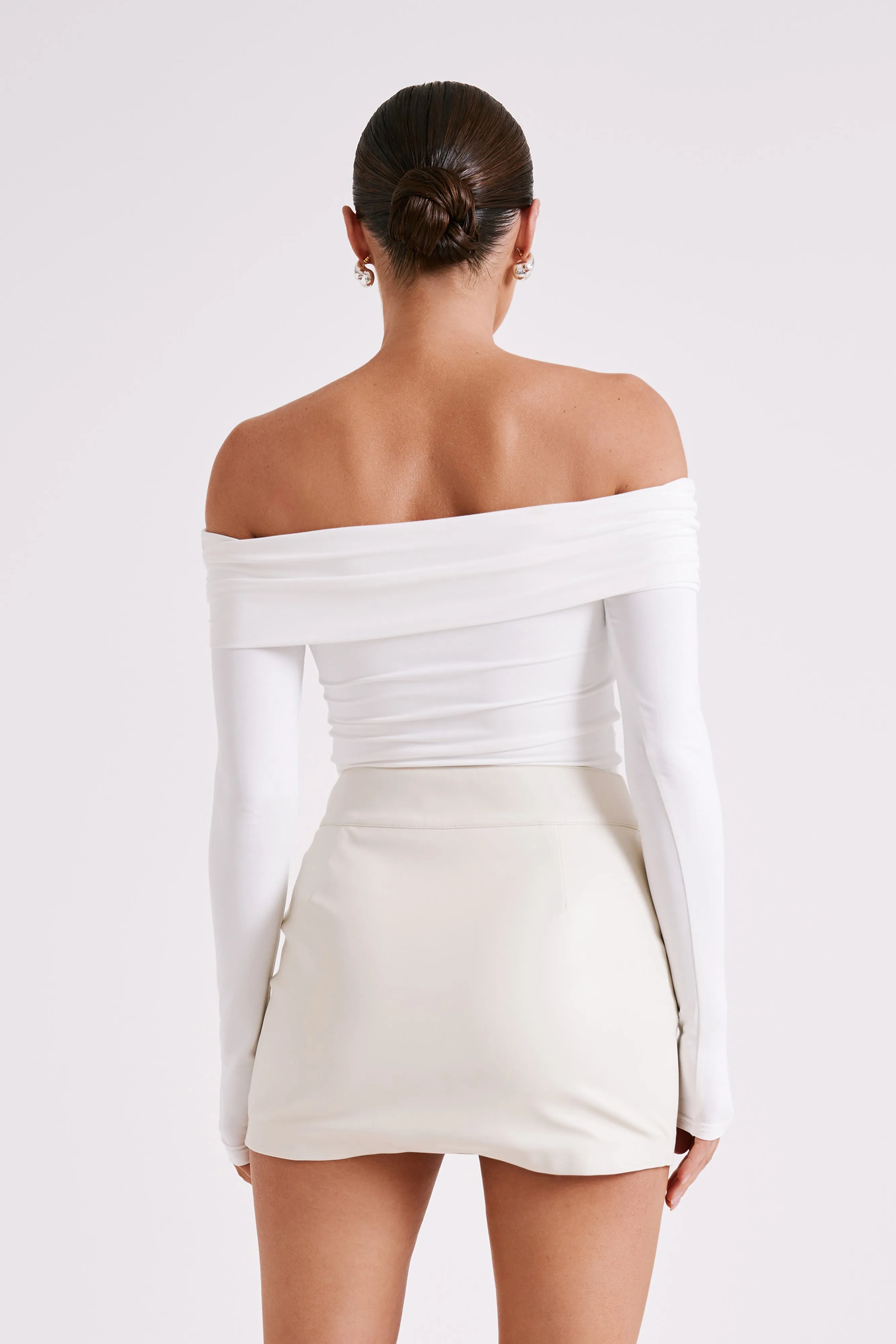 Lucinda Recycled Nylon Off Shoulder Top - White Hidden Button Placket Minimalist Silhouette