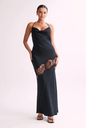 Cozy Tones Sculpted Form Chandra Lace Detail Satin Maxi Dress - Black