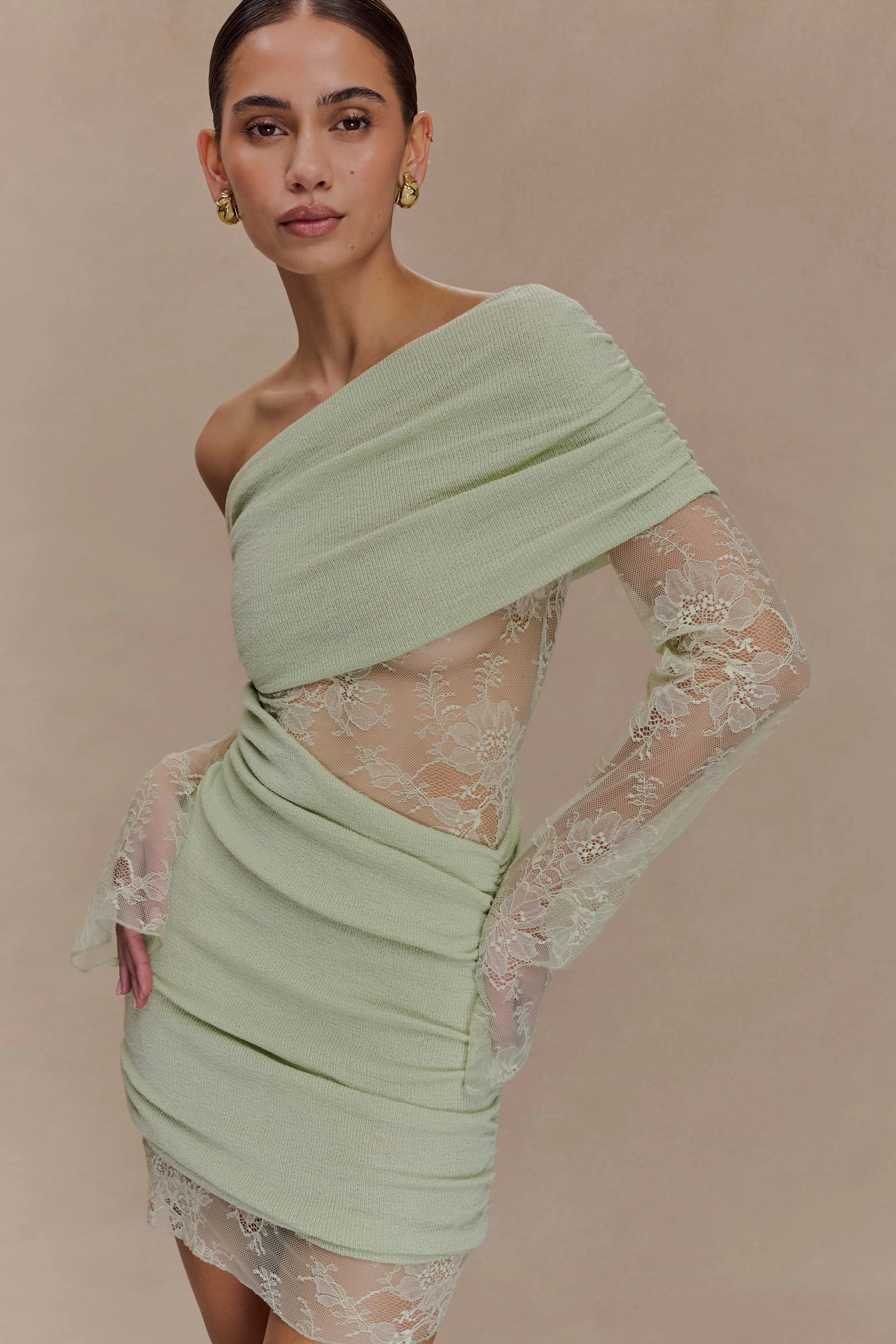 Draped Layer Removable-Straps Luxie Lace Knit Mini Dress - Pastel Green