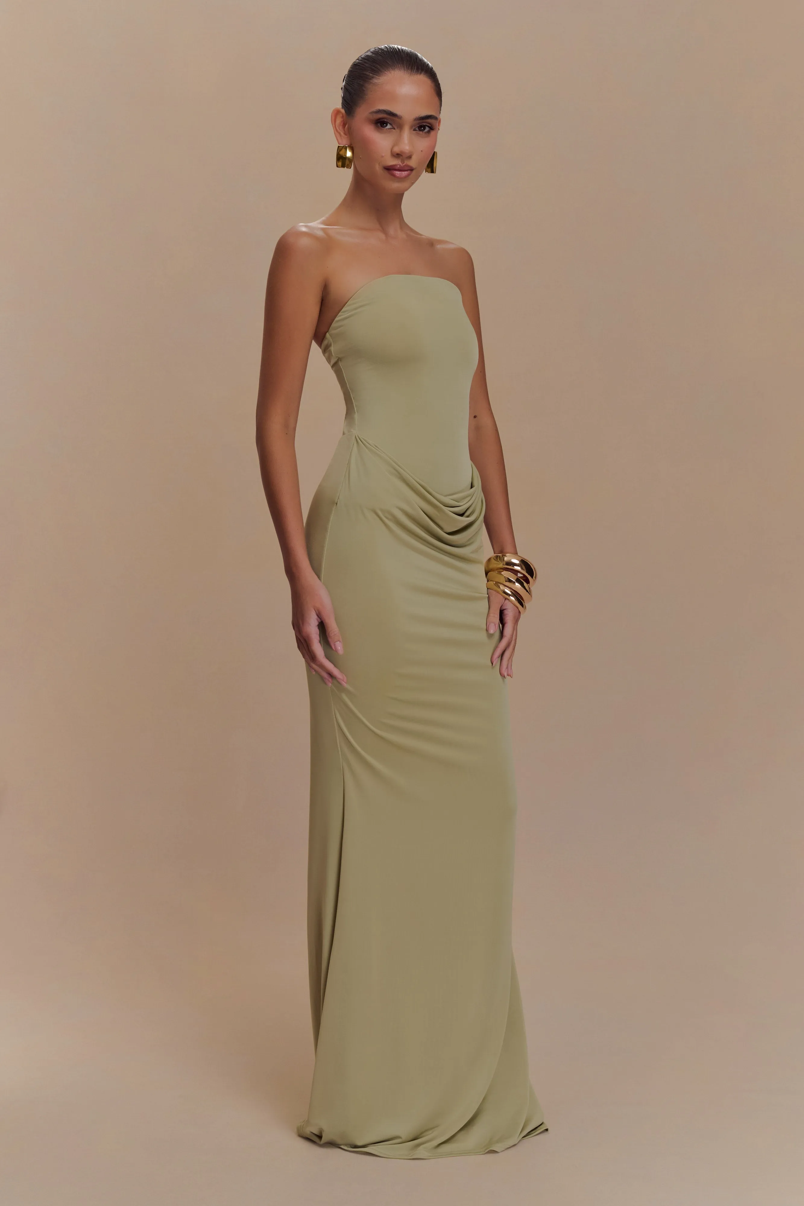 Madison Strapless Slinky Maxi Dress - Sage Low-Waist Relax Layers