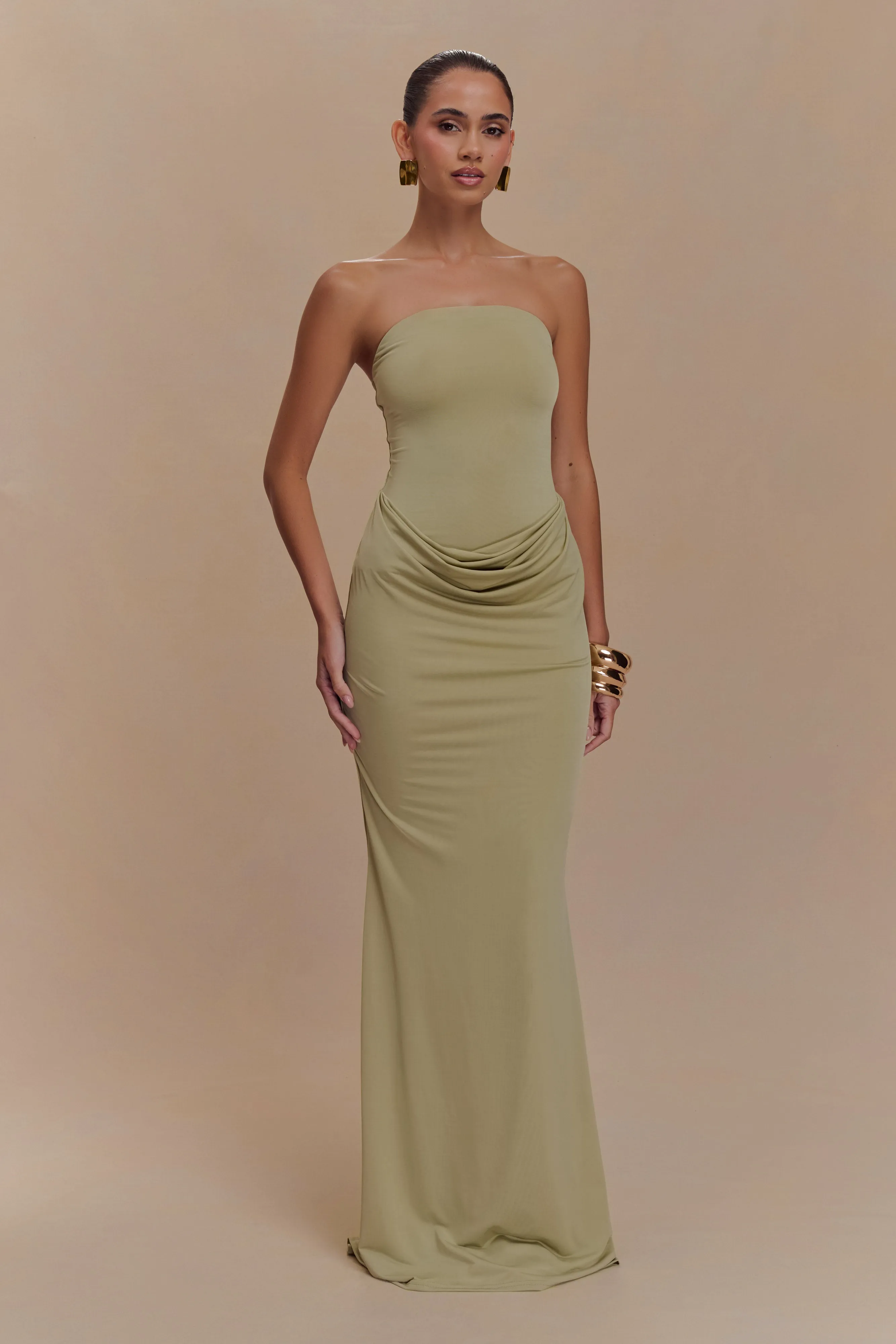 Madison Strapless Slinky Maxi Dress - Sage Flattering Cut Wear