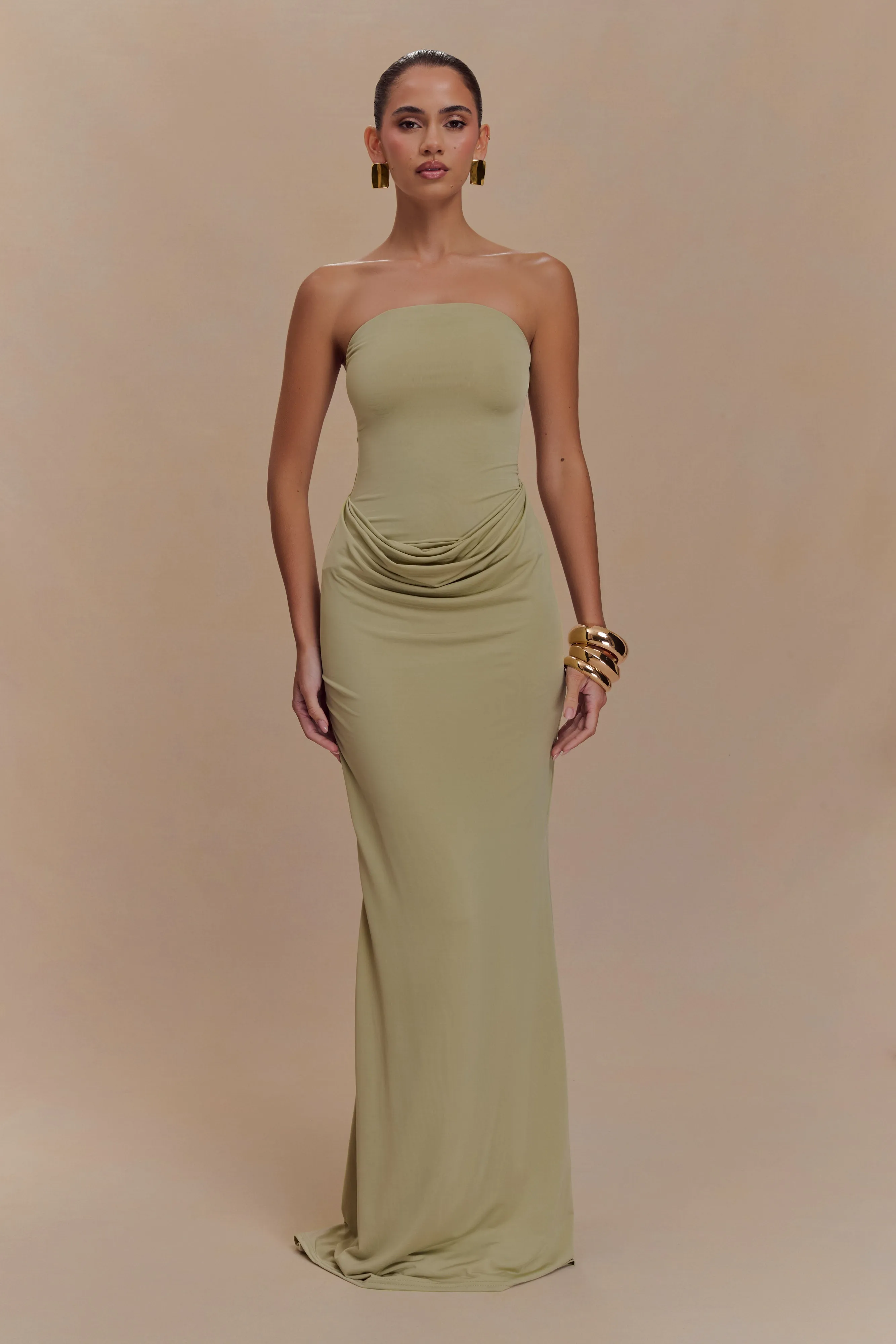 Madison Strapless Slinky Maxi Dress - Sage Comfortable travel dress