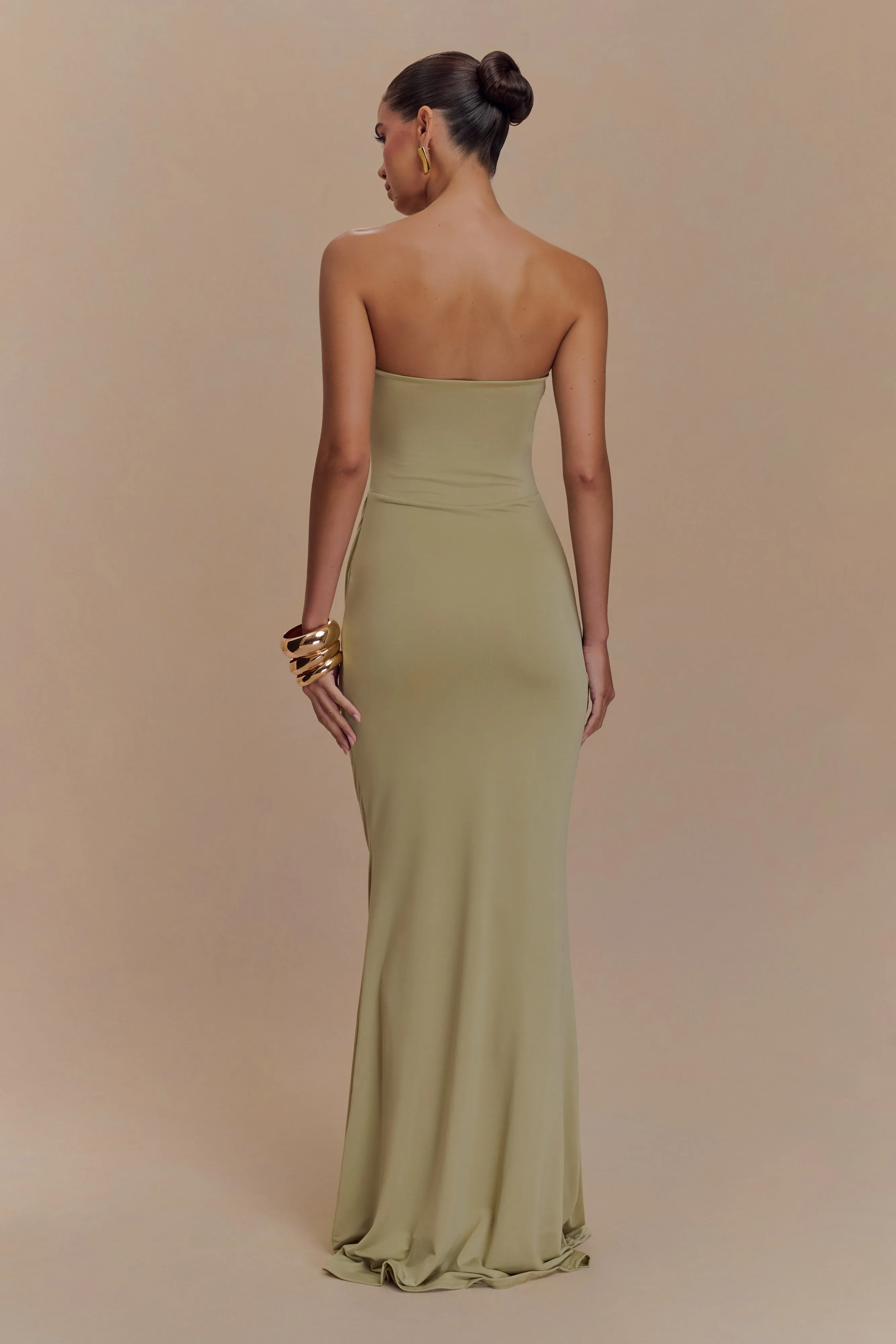 Airy Base Texture Style Madison Strapless Slinky Maxi Dress - Sage