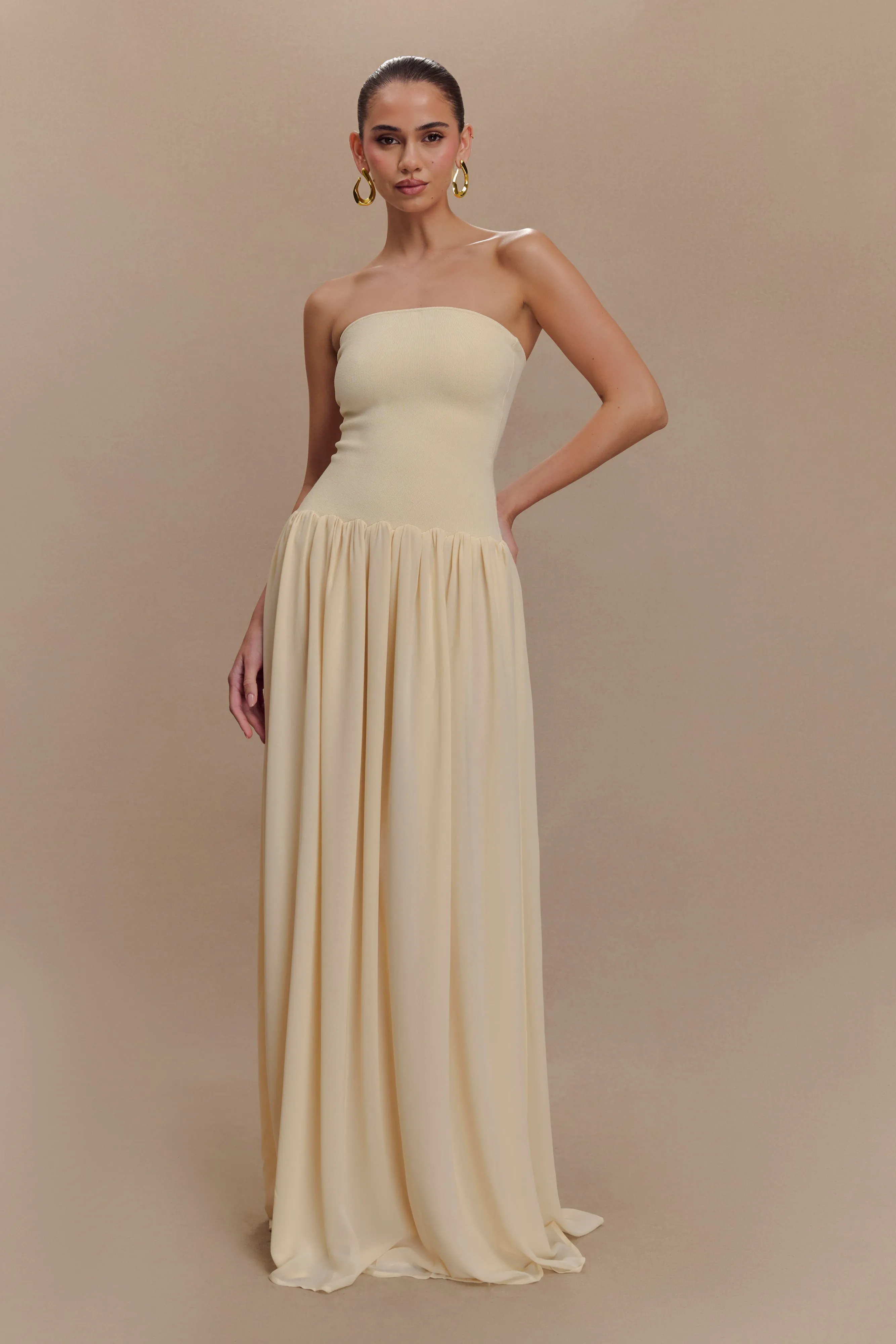 Lyanna Knit And Chiffon Strapless Maxi Dress - Cream packable