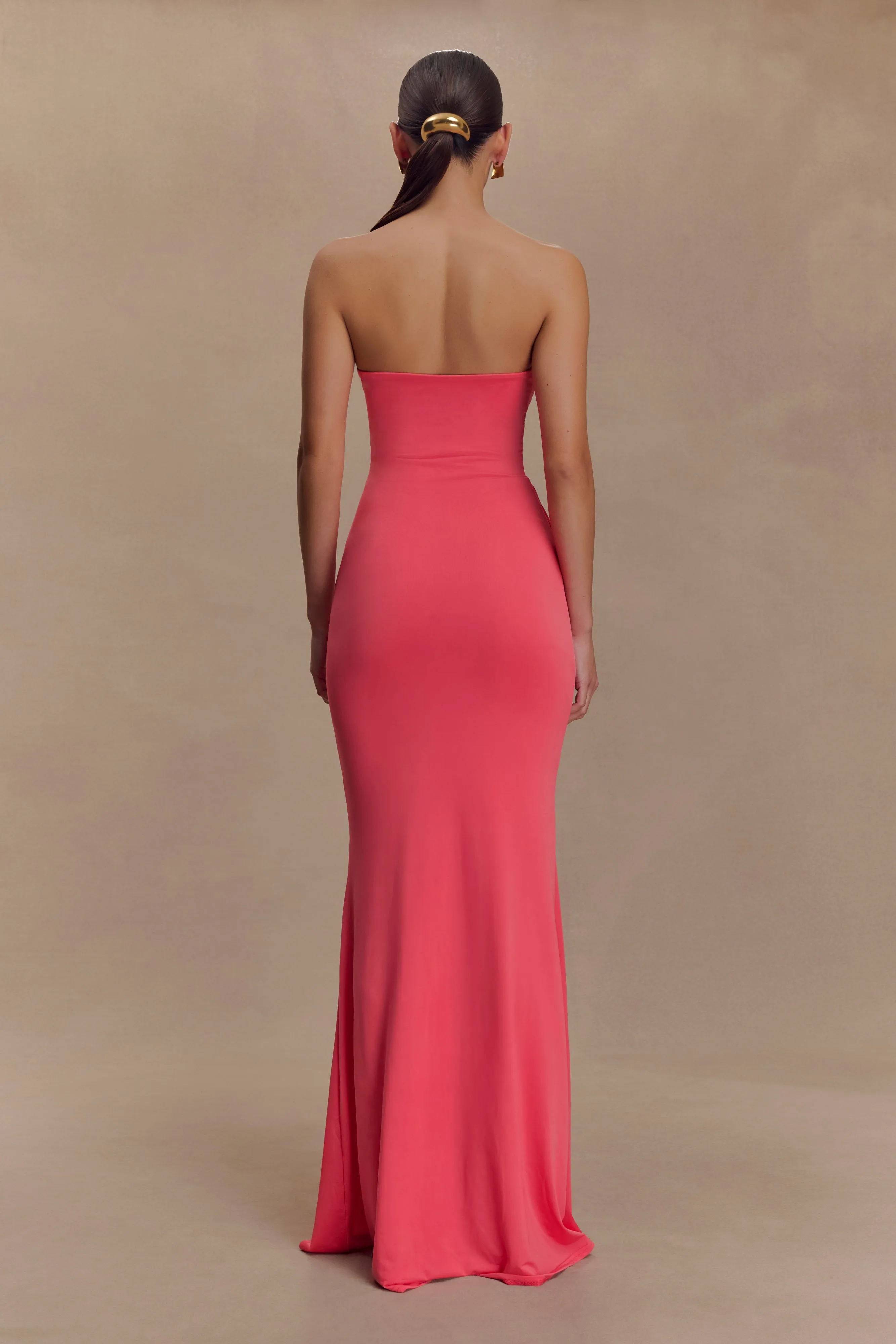 Madison Strapless Slinky Maxi Dress - Coral Fashionable Look Sharp Motion