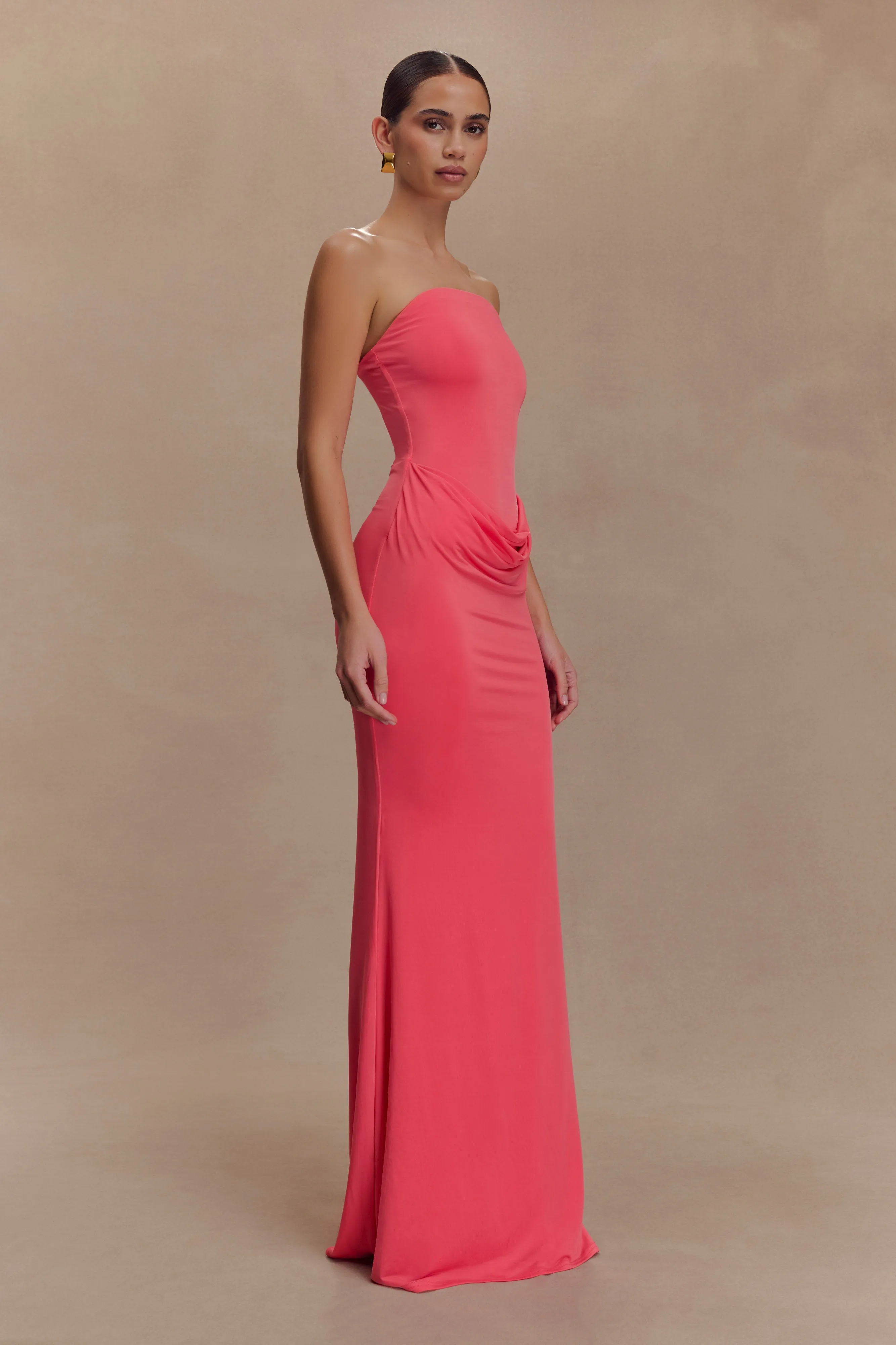 Madison Strapless Slinky Maxi Dress - Coral Travel-Essential Unisex Option