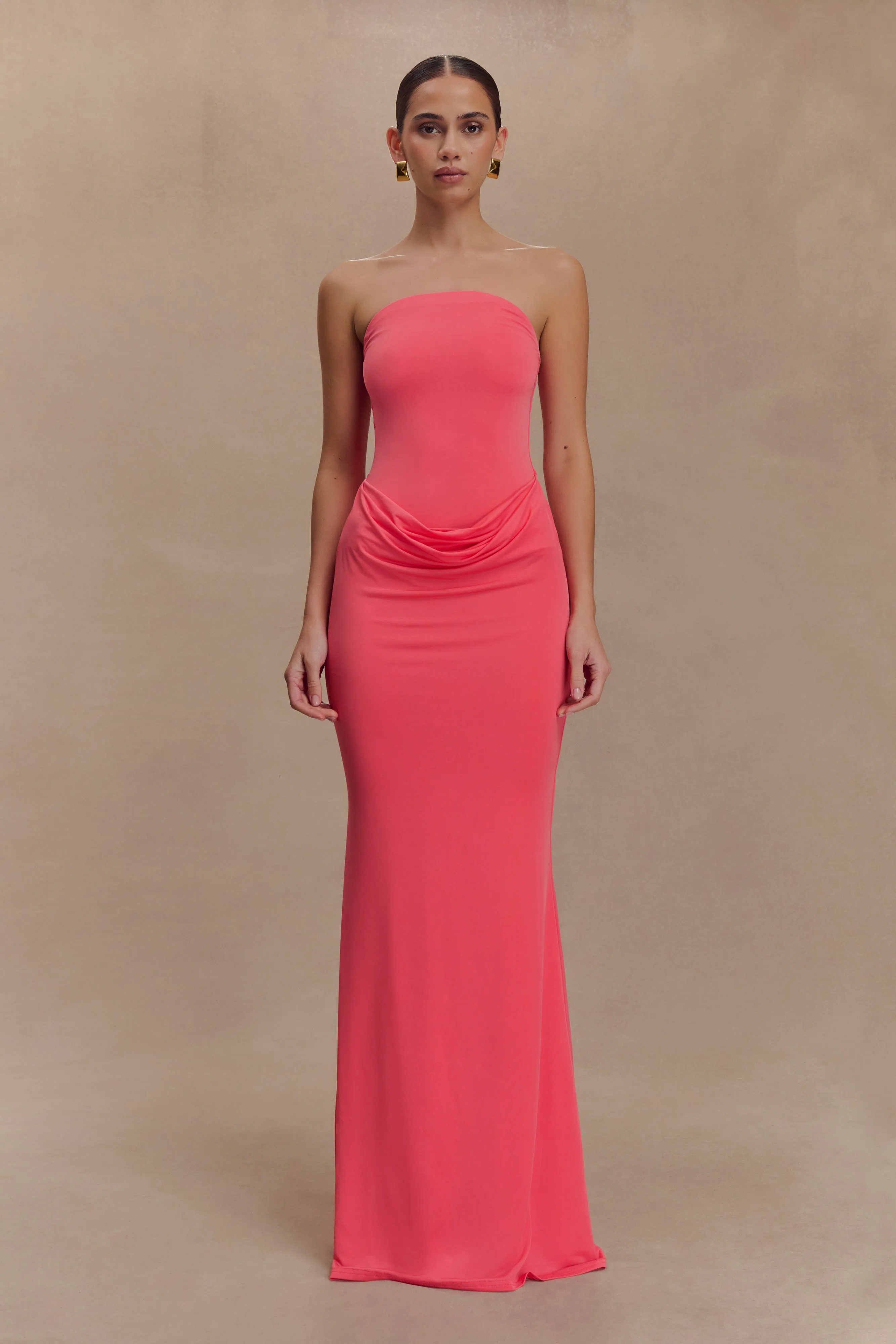 Stain-Resistant Madison Strapless Slinky Maxi Dress - Coral