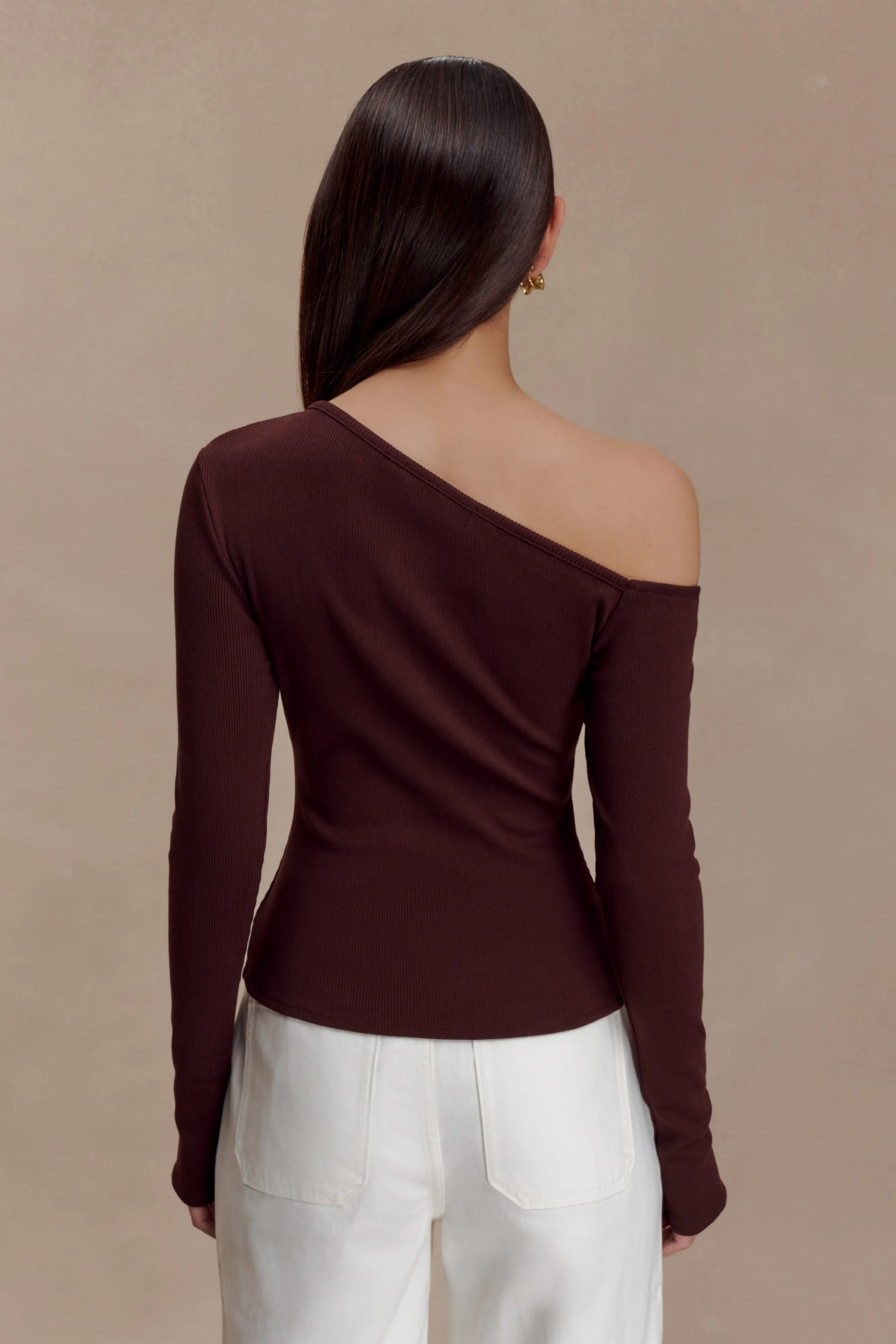 Maelle Off Shoulder Long Sleeve Top - Deep Chocolate FrenchTerry