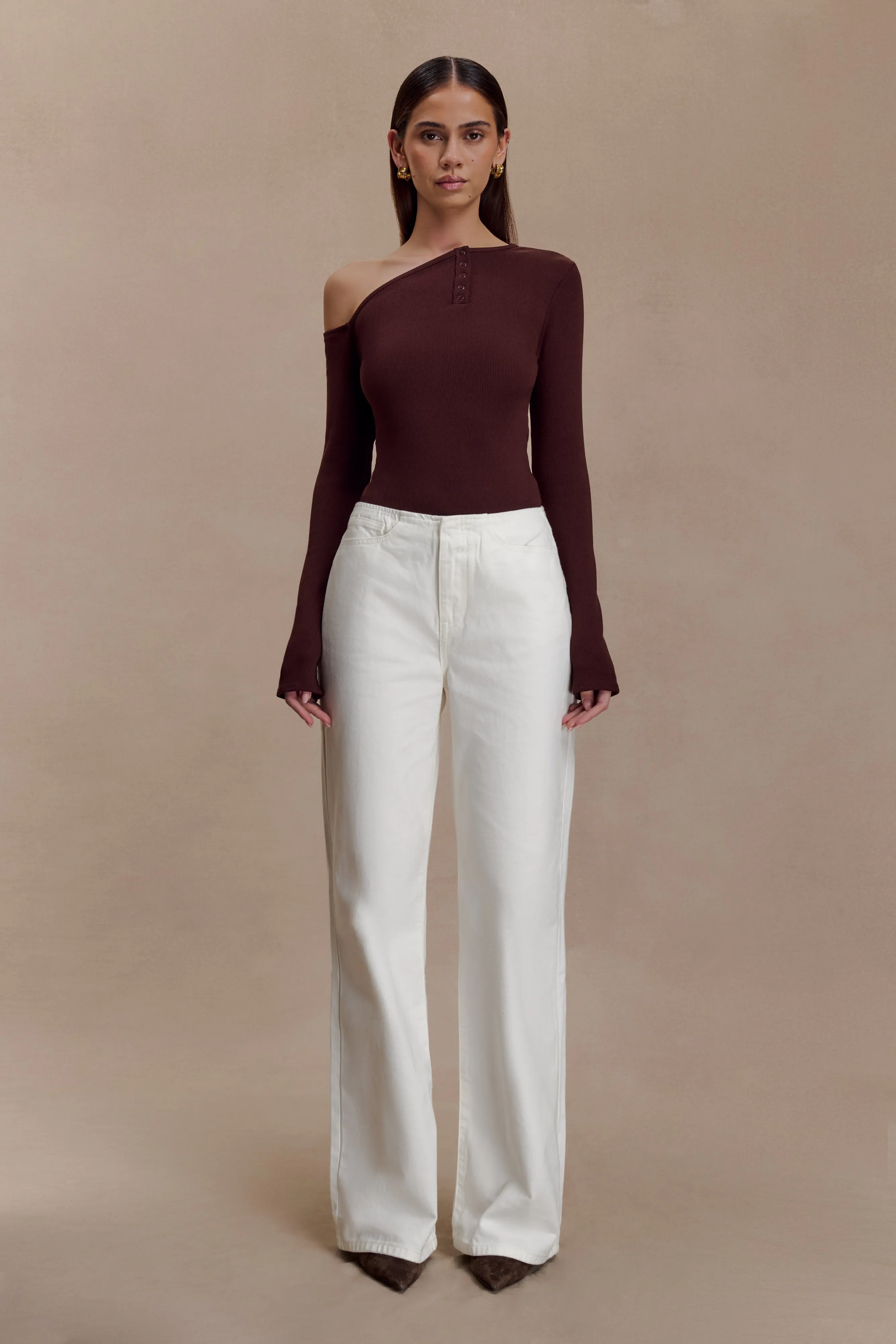 Maelle Off Shoulder Long Sleeve Top - Deep Chocolate Lightweight Layering Option