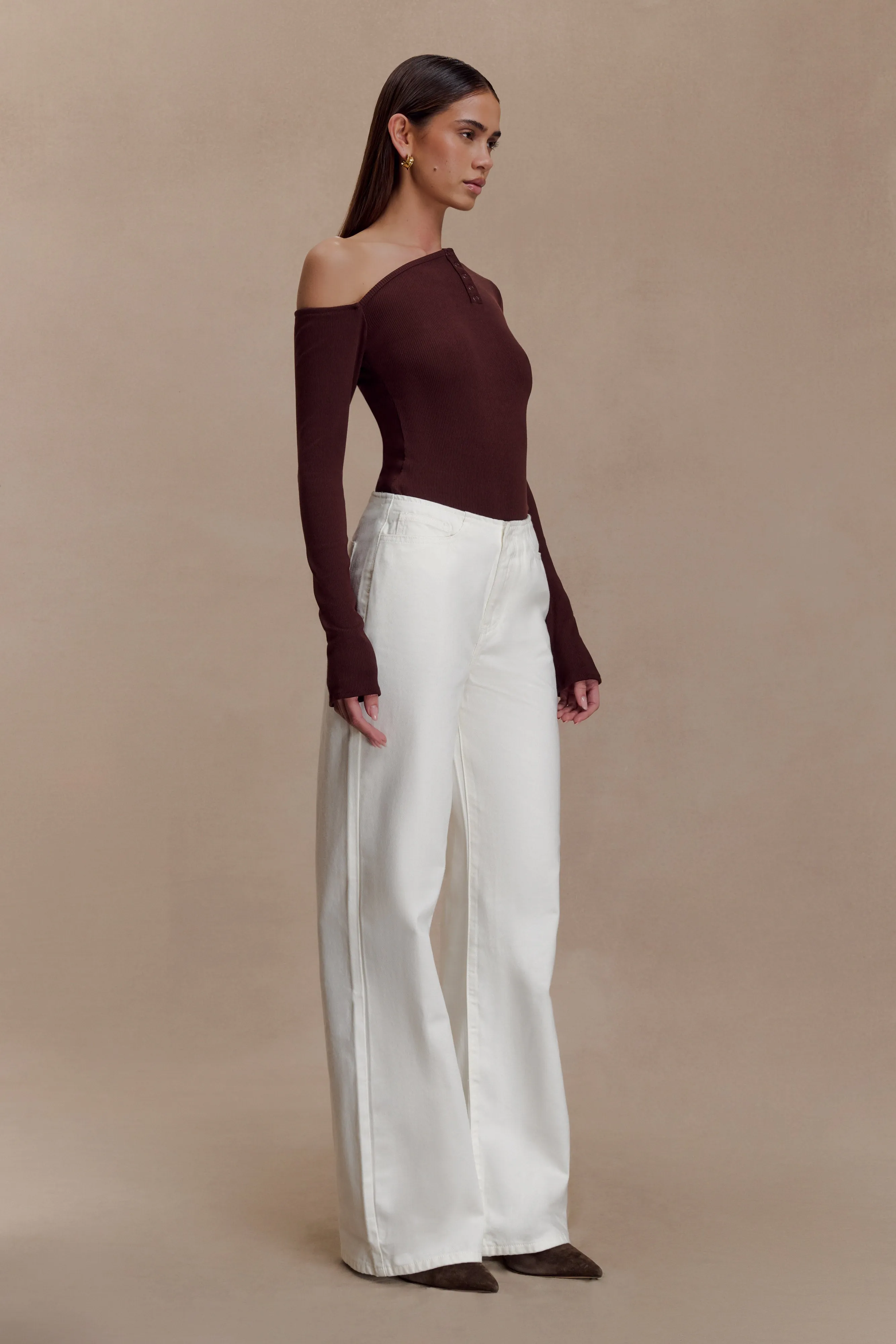 Neutral Tone Stitching Double Layered Fabric Maelle Off Shoulder Long Sleeve Top - Deep Chocolate