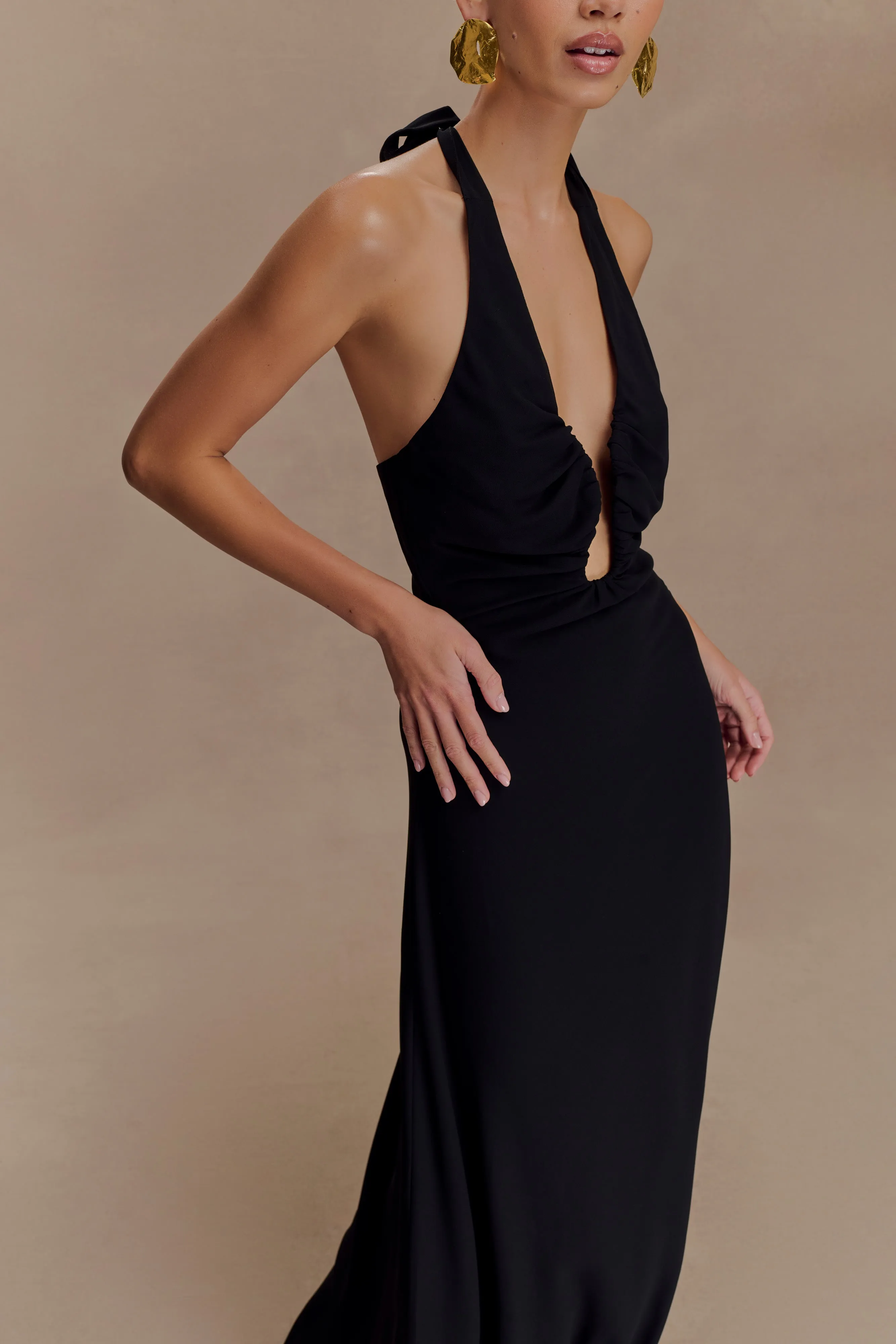 Malakhai Chiffon Halter Maxi Dress - Black Knit Warm