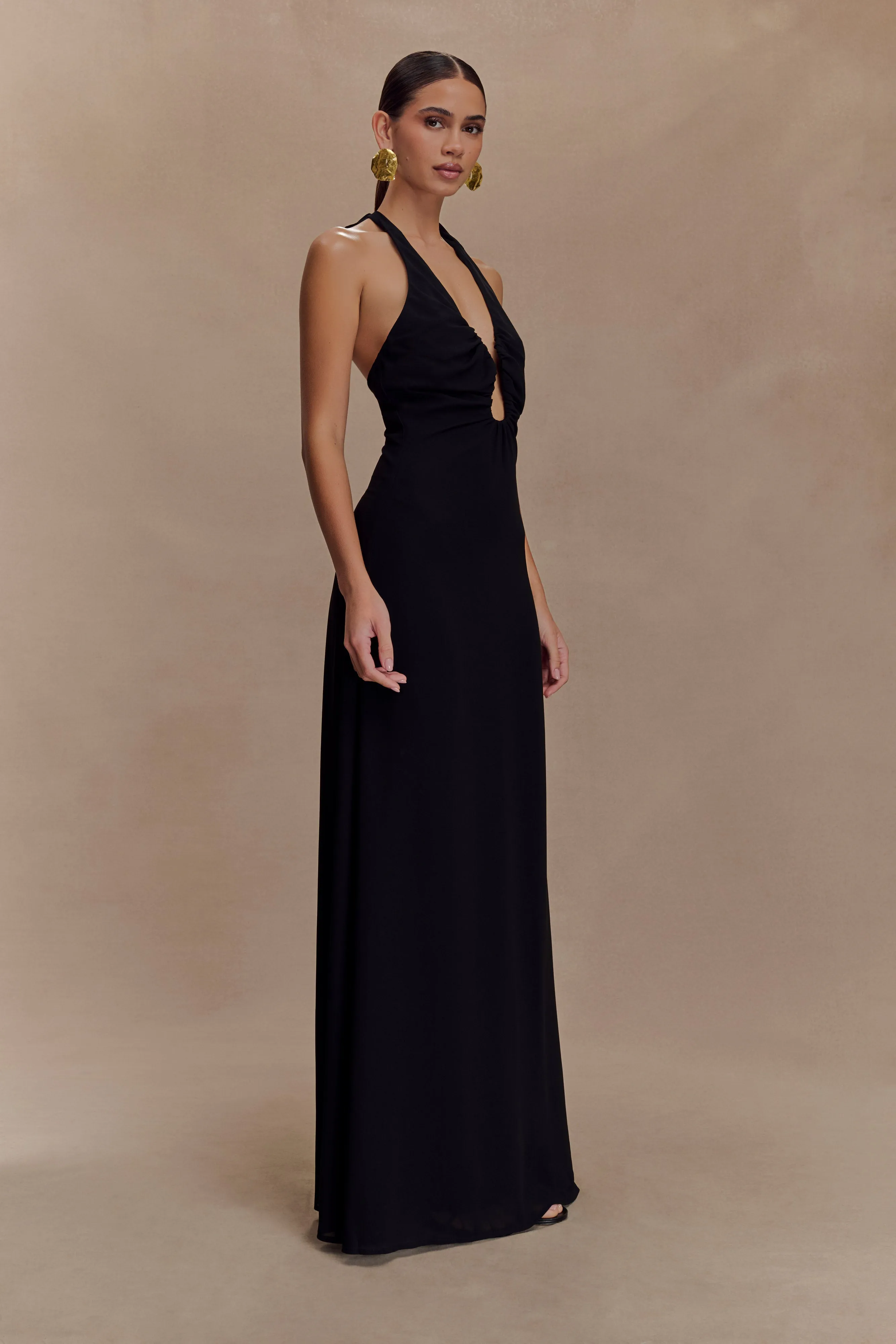 Linen Soft Comfortable casual dress Malakhai Chiffon Halter Maxi Dress - Black