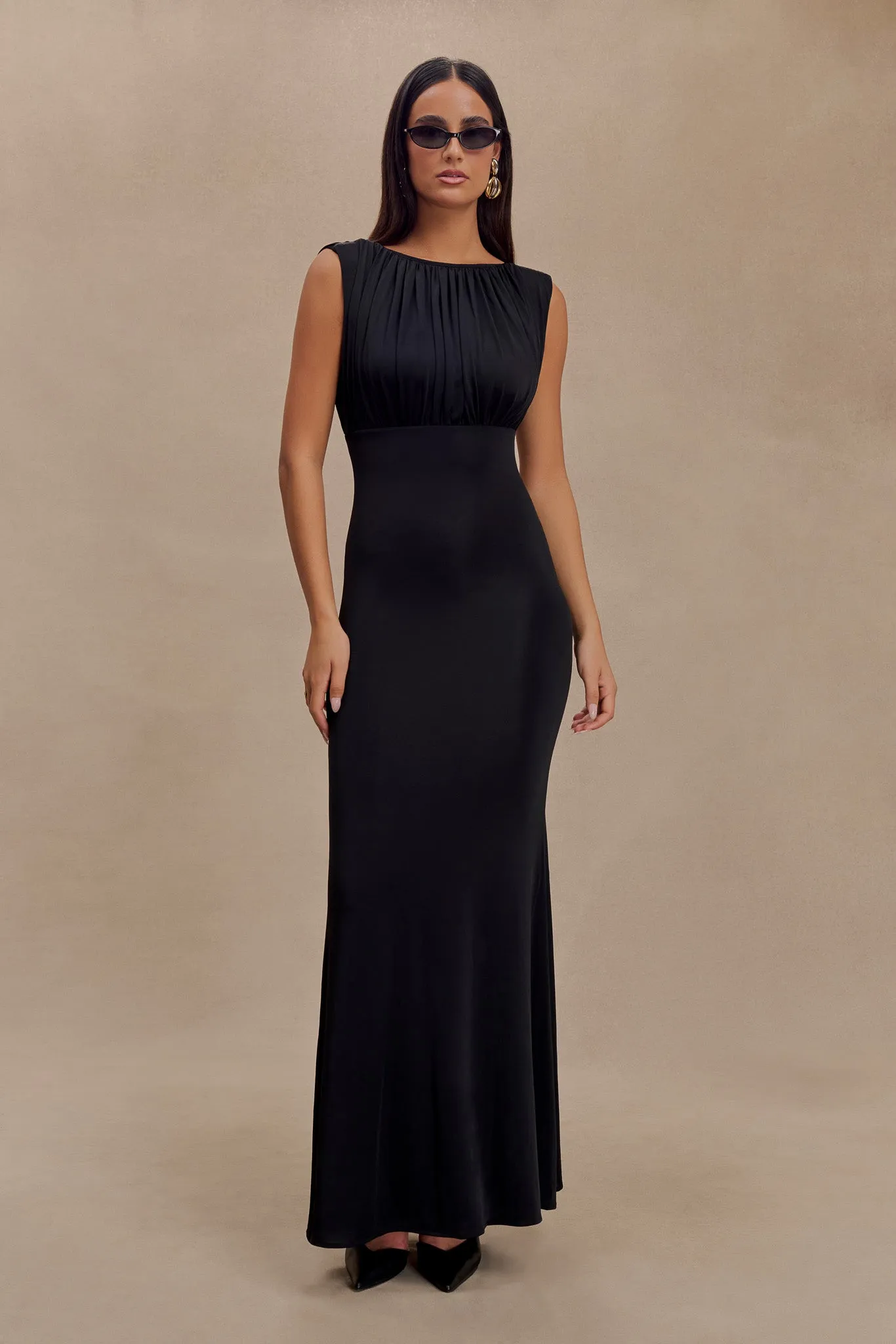 Casual and Comfy Street Vibe Malia Slinky Ruched Maxi Dress - Black