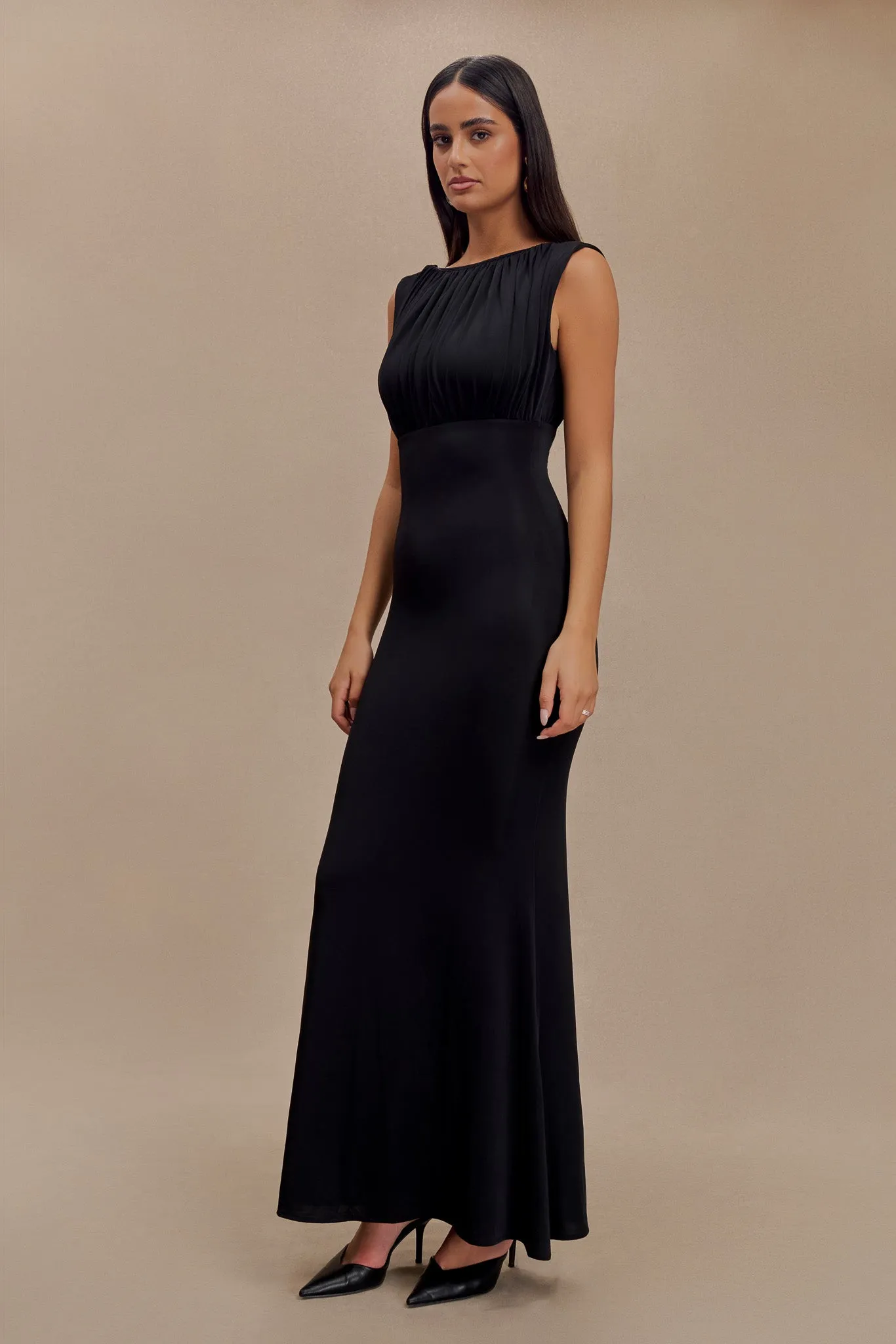 Glossy Detail Malia Slinky Ruched Maxi Dress - Black