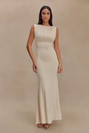 Side Tie Malia Slinky Ruched Maxi Dress - Ivory