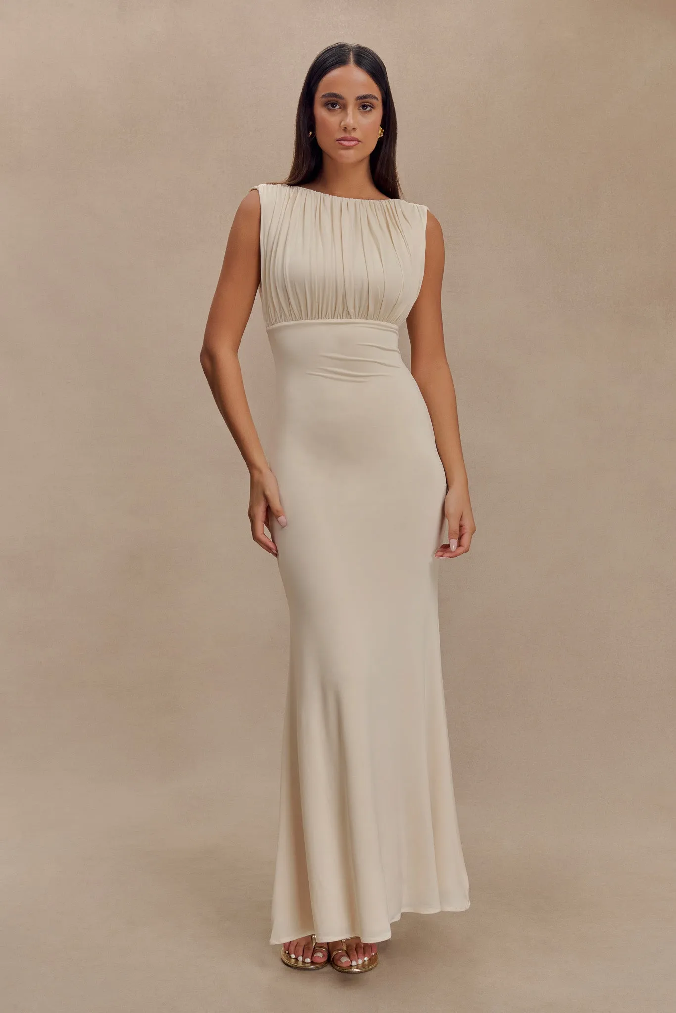 Side Tie Malia Slinky Ruched Maxi Dress - Ivory