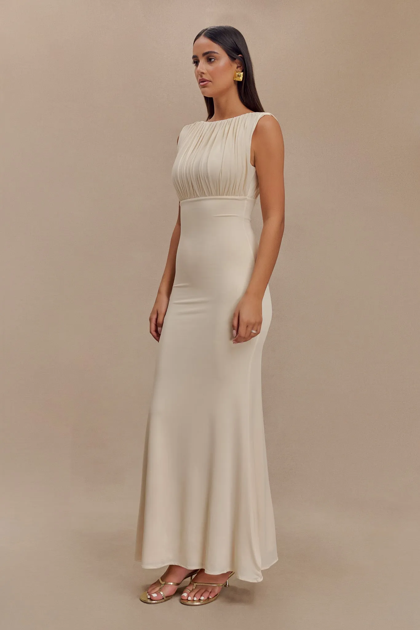 Malia Slinky Ruched Maxi Dress - Ivory Chic Balance