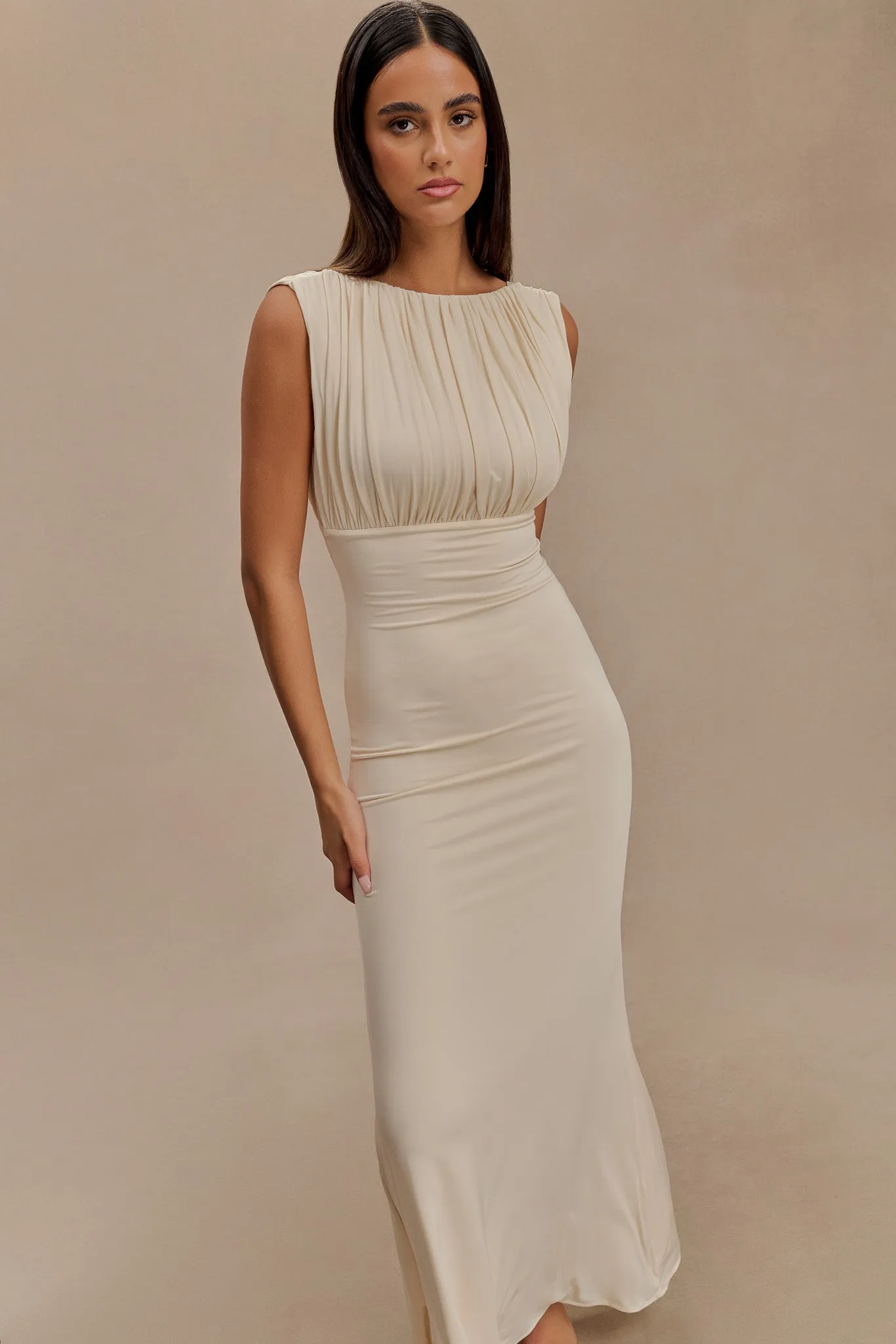 Smooth Vibes FlexibleClosure Malia Slinky Ruched Maxi Dress - Ivory