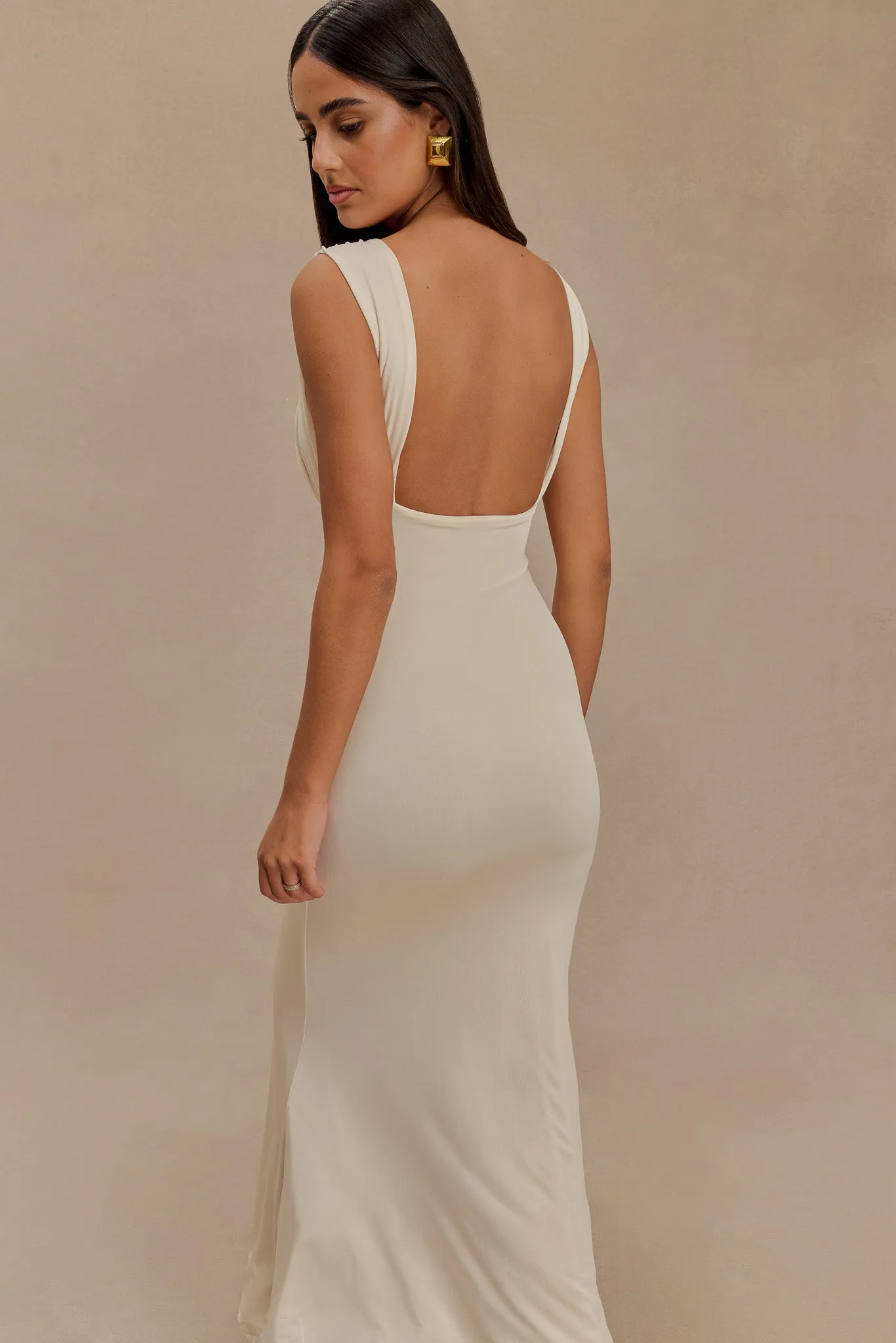 Tonal-Stitching Malia Slinky Ruched Maxi Dress - Ivory