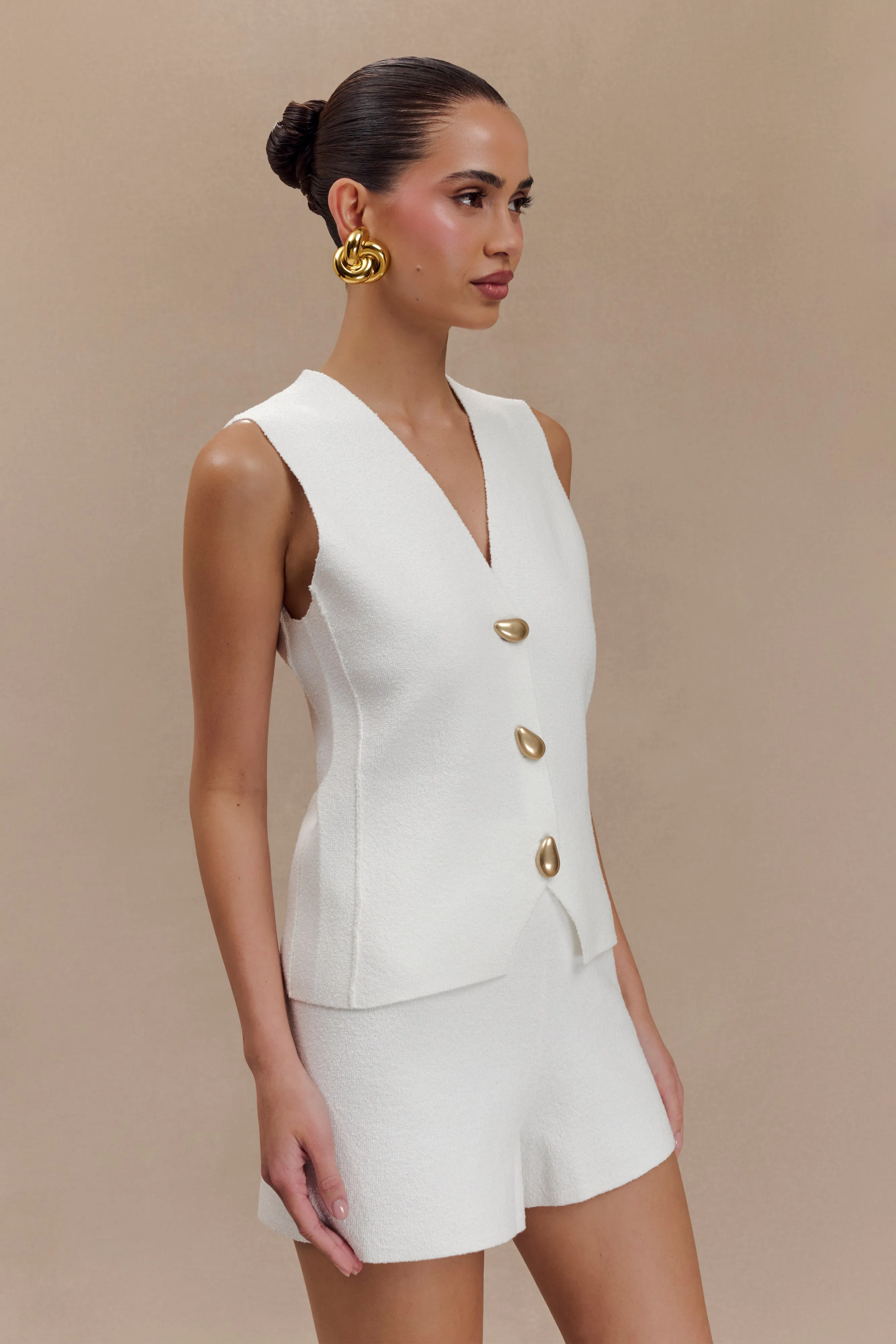 Malika Sleeveless Gold Button Vest - White Midweight Texture Tear Resistant Fiber Blend