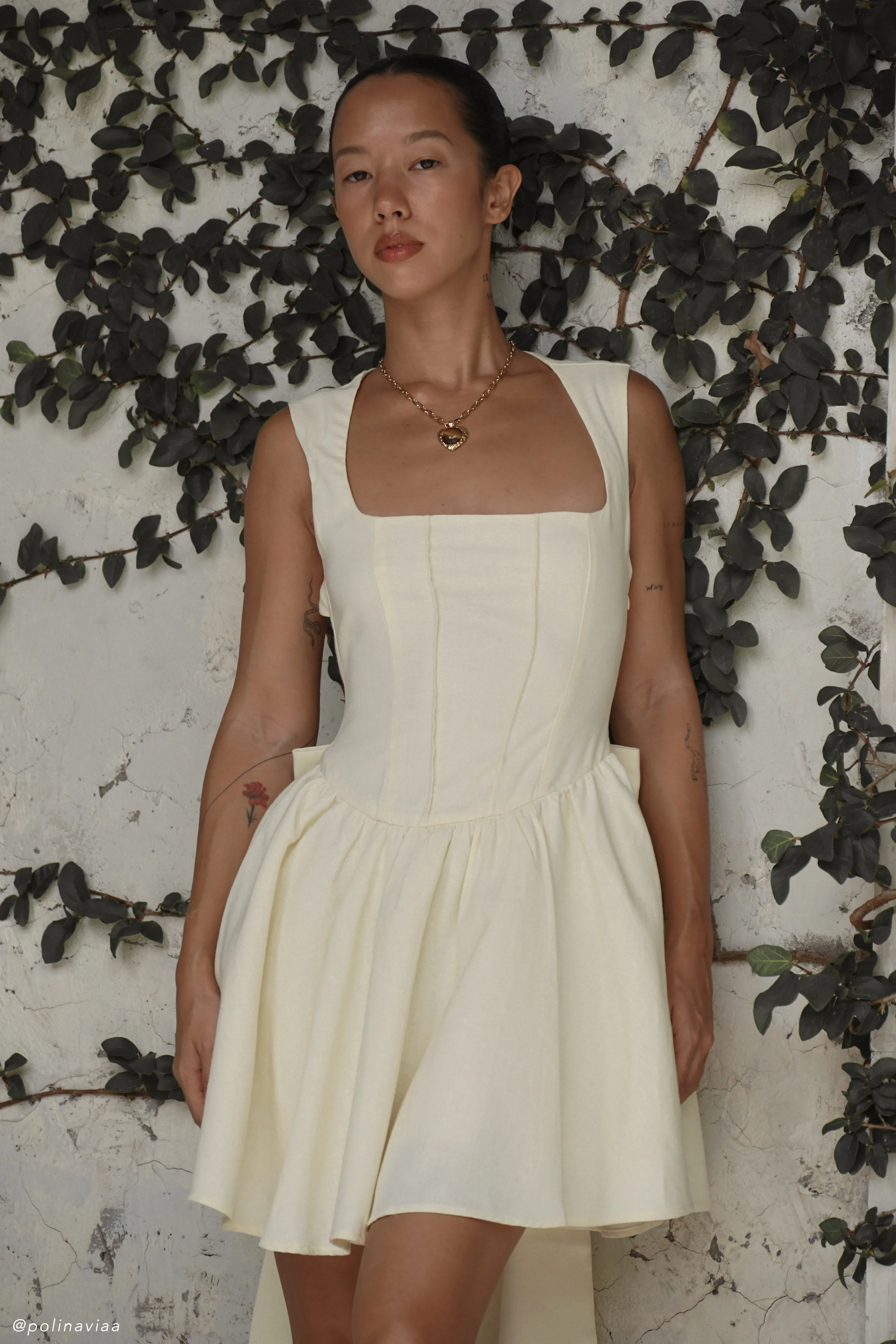 ruffle trim Marcella Linen Bow Back Mini Dress - Lemon Sherbet
