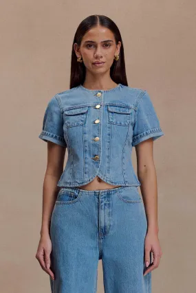 LowMaintenance Sustainable Manufacturing Process Marge Fitted Denim Short Sleeve Top - Classic Blue